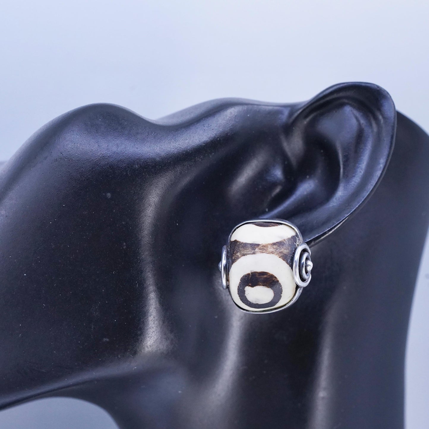 Artisan SIGNED David Sterling 925 Silver Handmade Dzi Gemstone Clip Earrings