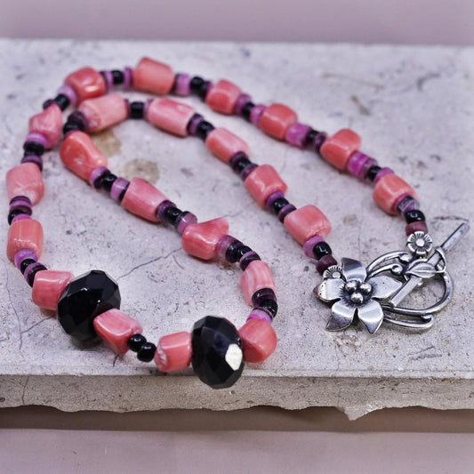 16", vintage Sterling 925 silver coral beads necklace with floral fancy closure