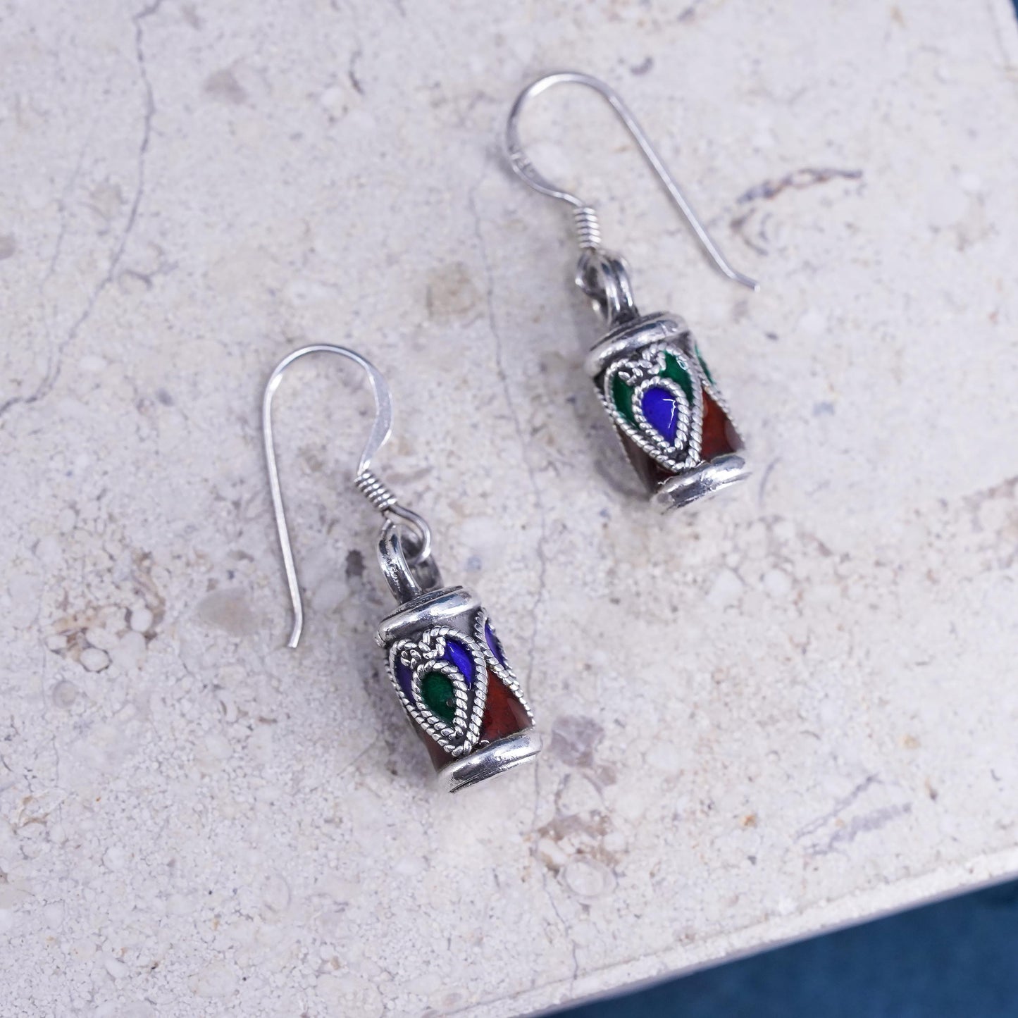 Vintage sterling silver handmade earrings, 925 tube with enamel