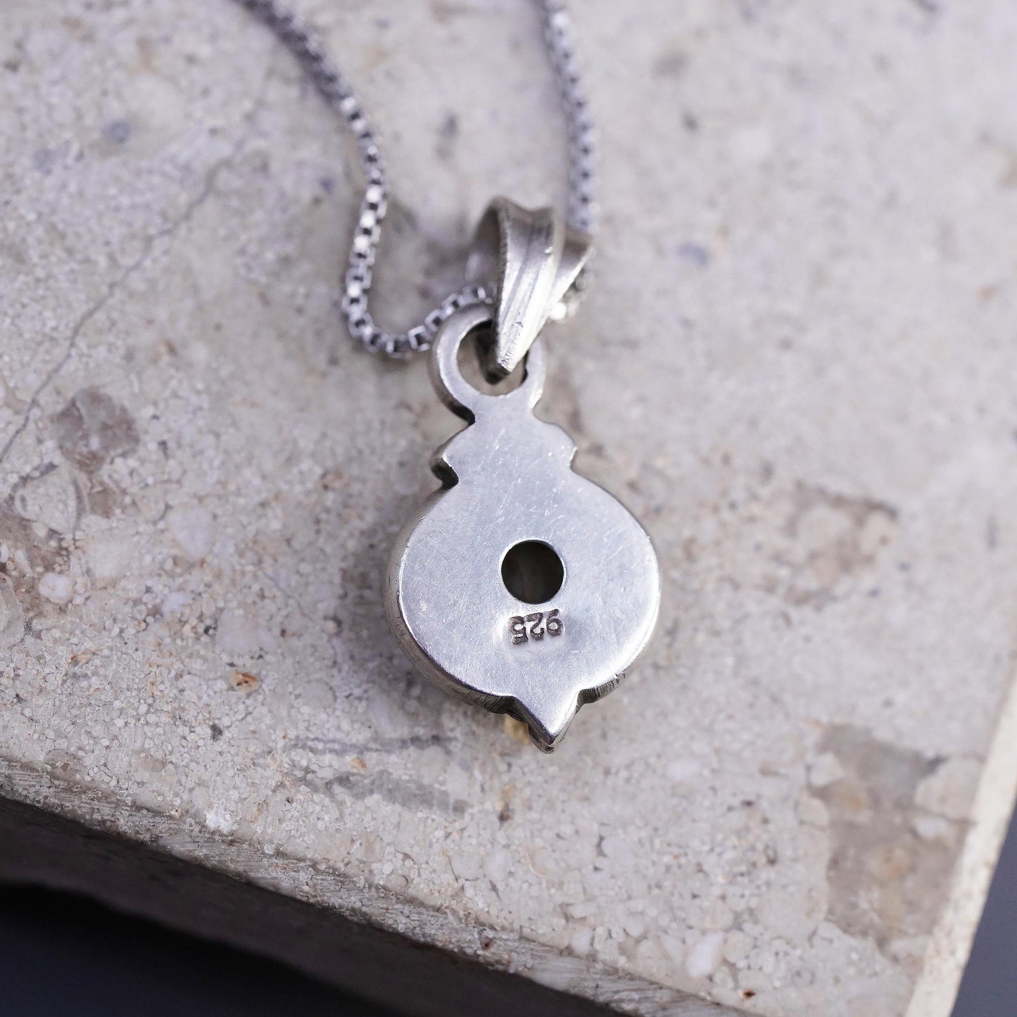 18" 1mm, vintage Sterling silver necklace, 925 box chain with citrine pendant