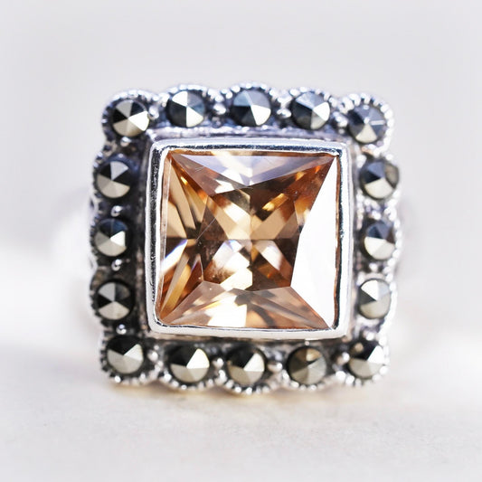 Size 6, vintage Sterling 925 silver cocktail square ring with citrine marcasite