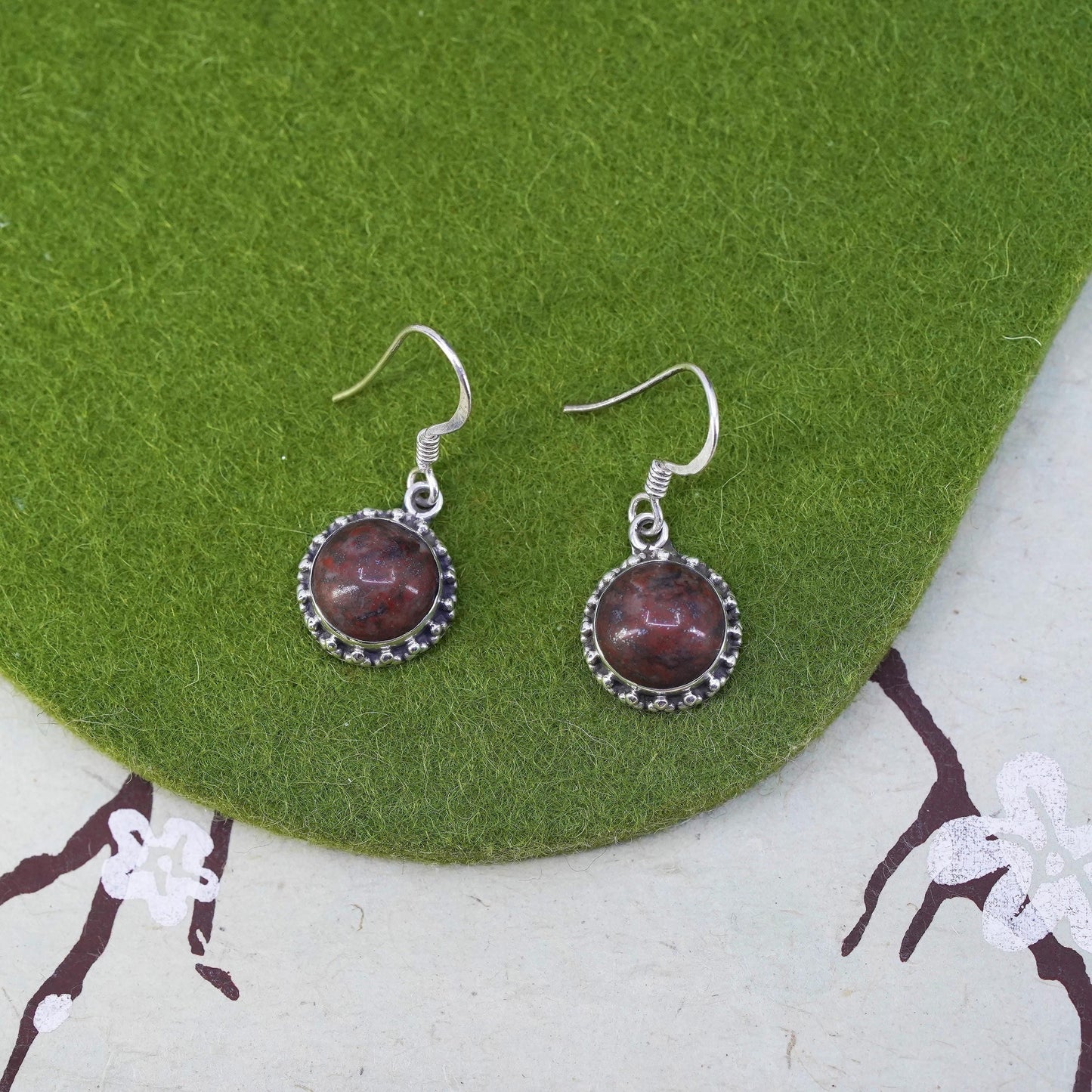 Vintage Sterling 925 silver handmade earrings with circle red jasper drops