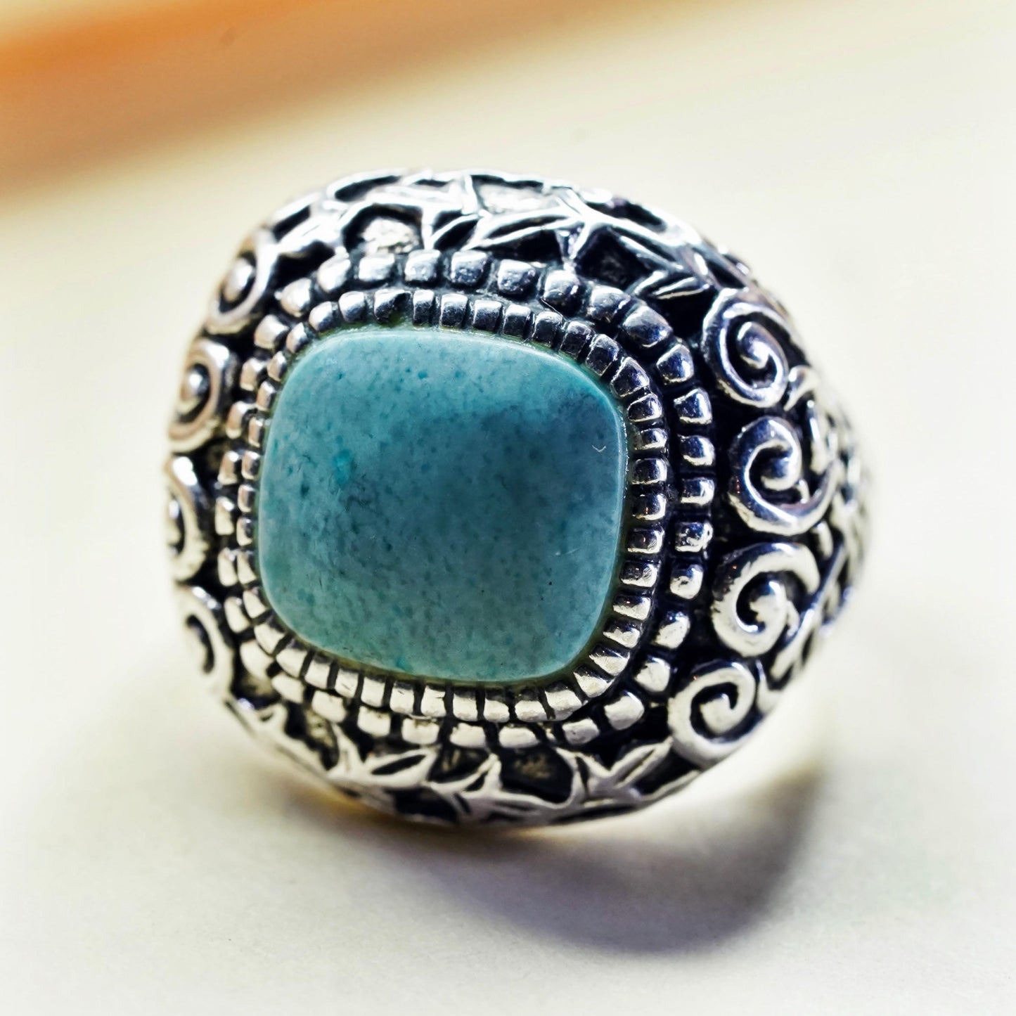 Size 7, Vintage sterling silver ring, 925 statement band with square turquoise
