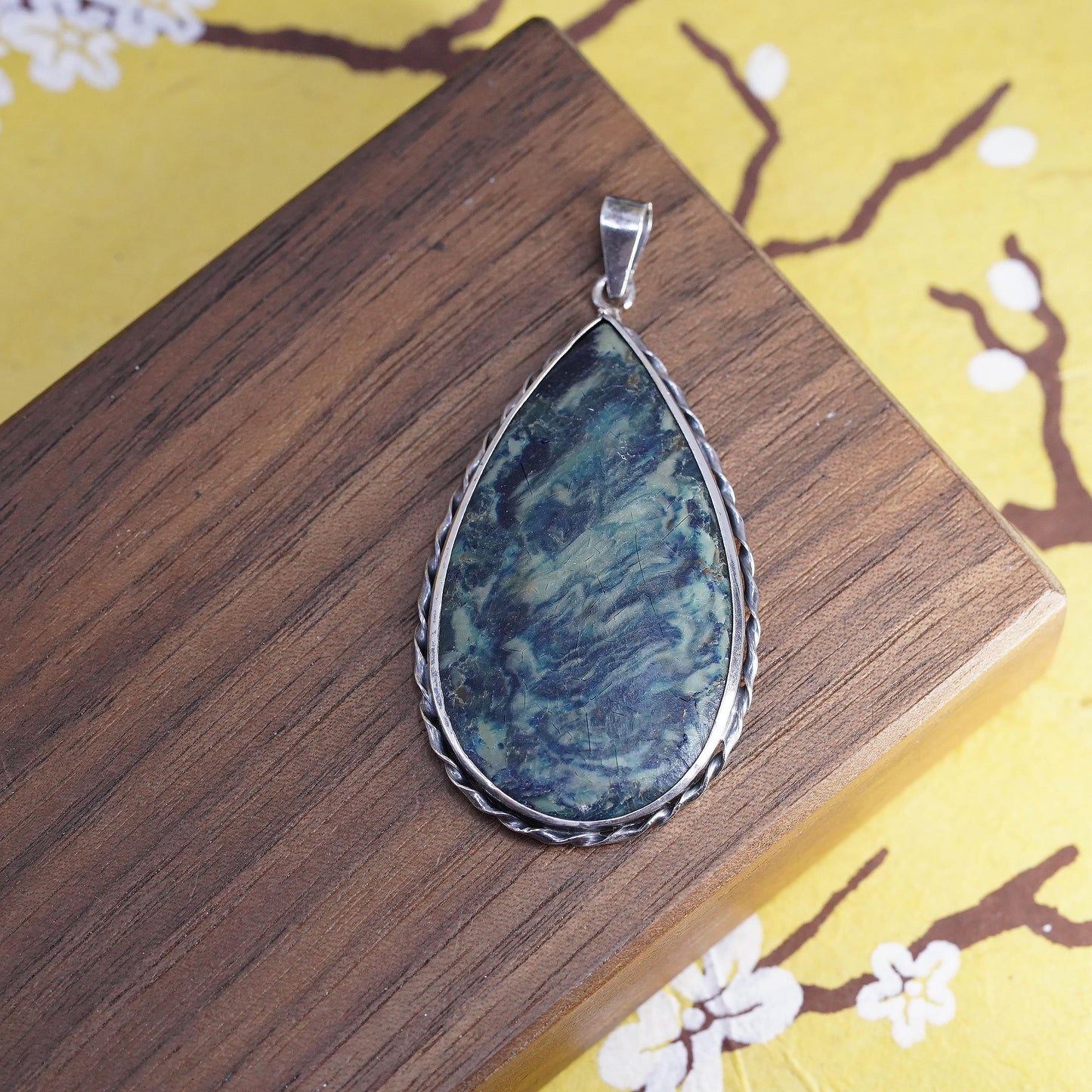 Vintage Sterling 925 silver handmade teardrop pendant dyed Mable textured wood