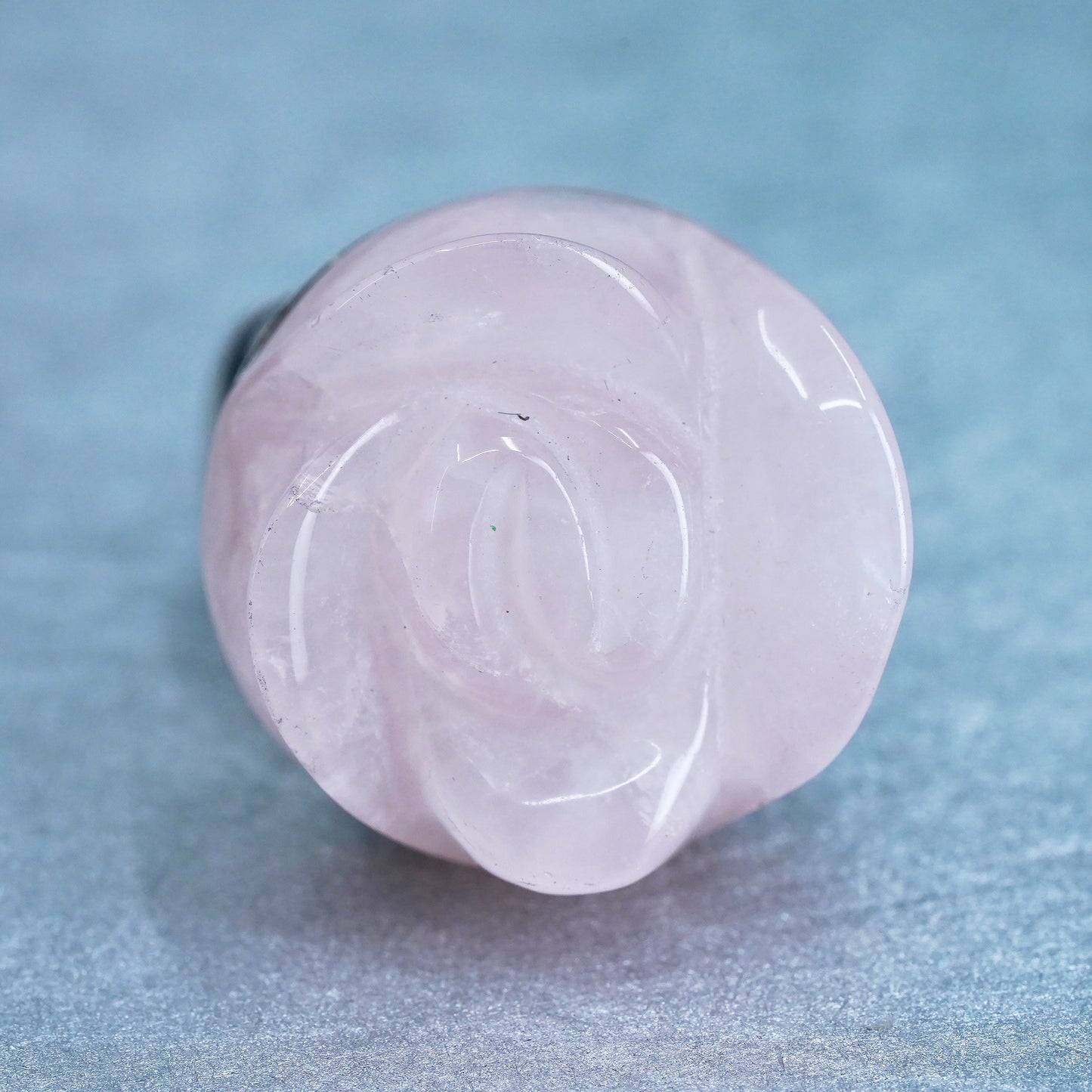Size 7, Sterling 925 silver statement band ring with rose flower pink quartz