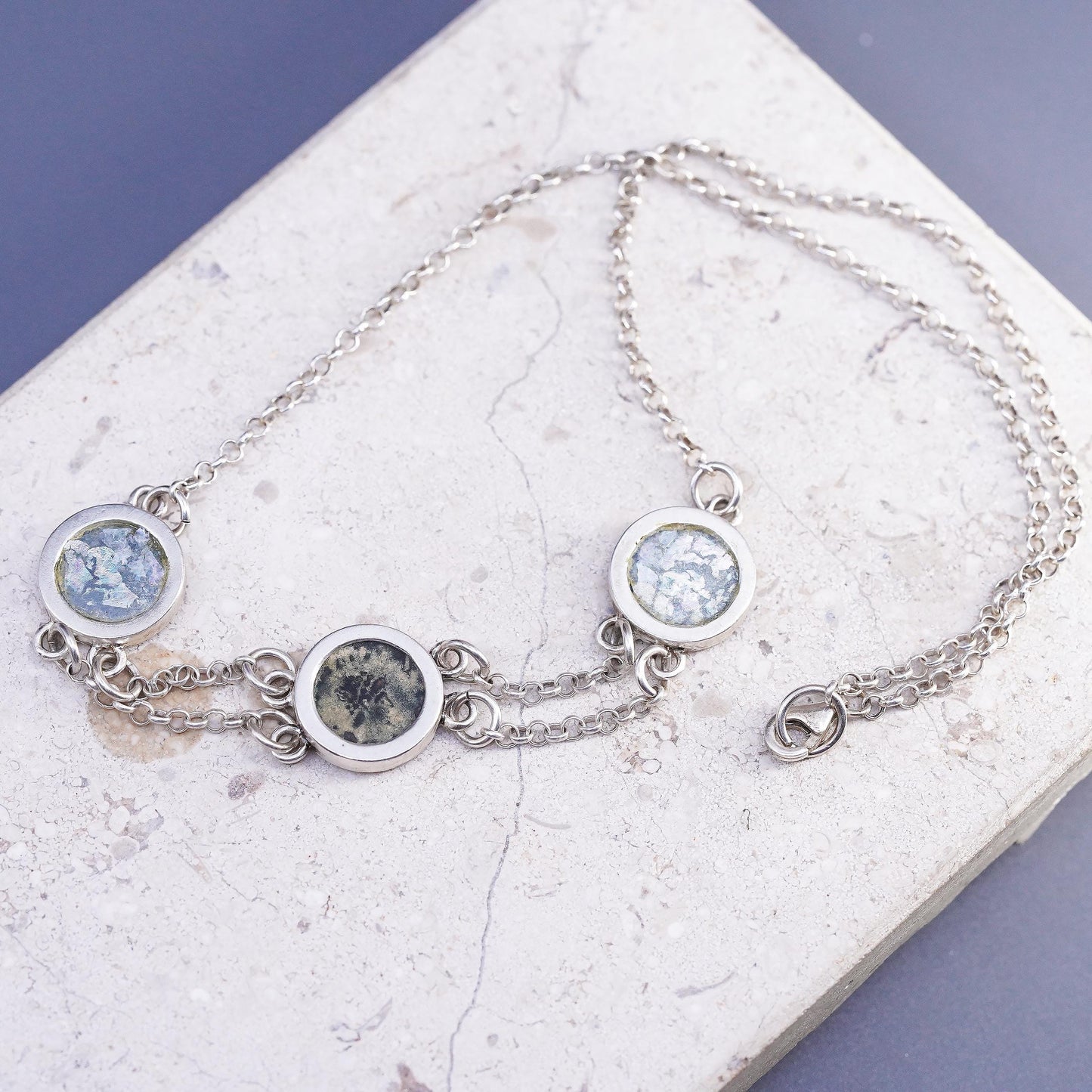 16", VTG Sarda Sterling silver necklace, 925 circle chain Roman glass pendant