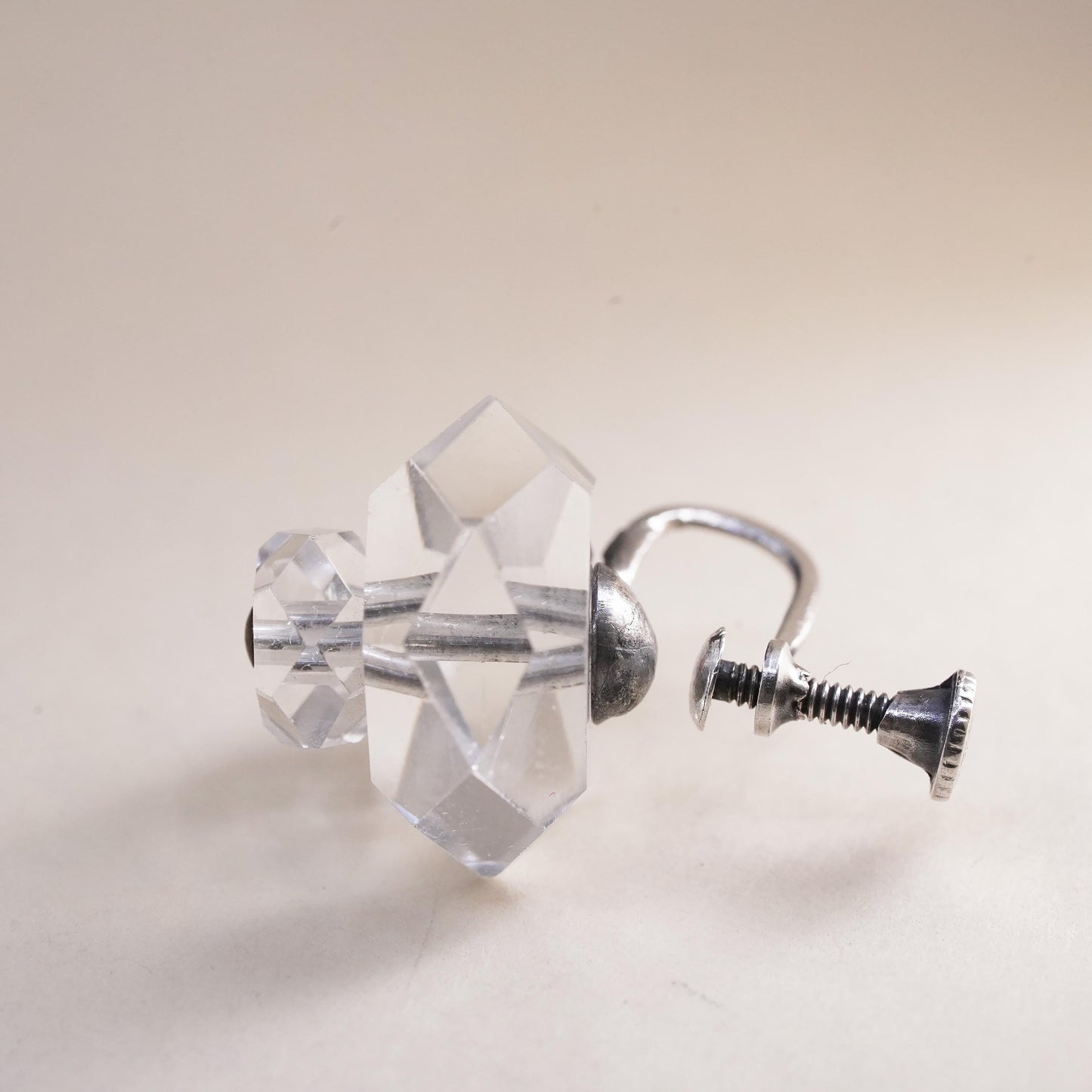 Vintage sterling silver handmade single earring, 925 screw back with crystal