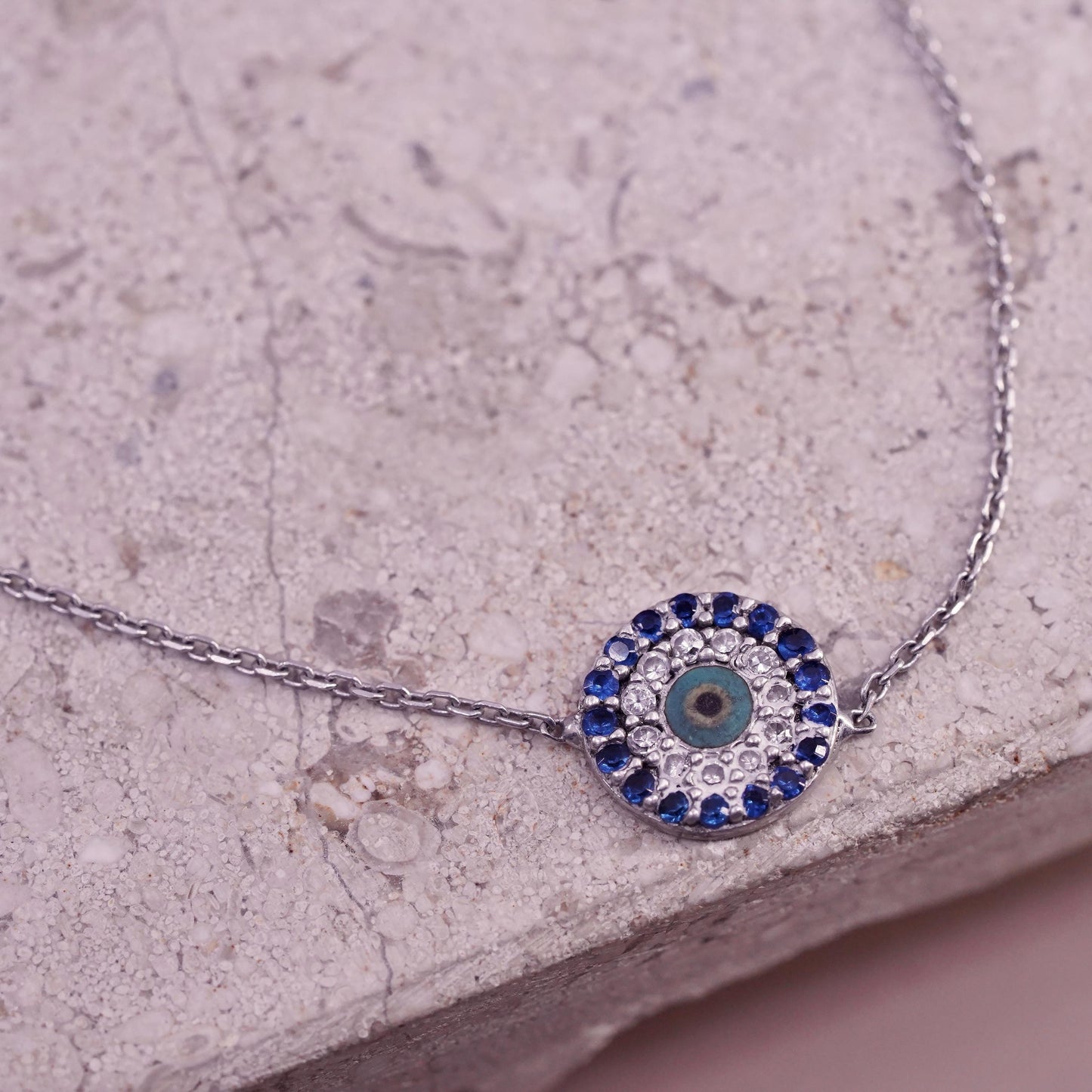 7.25”, Vintage handmade sterling silver bracelet, cluster cz evil eye charm