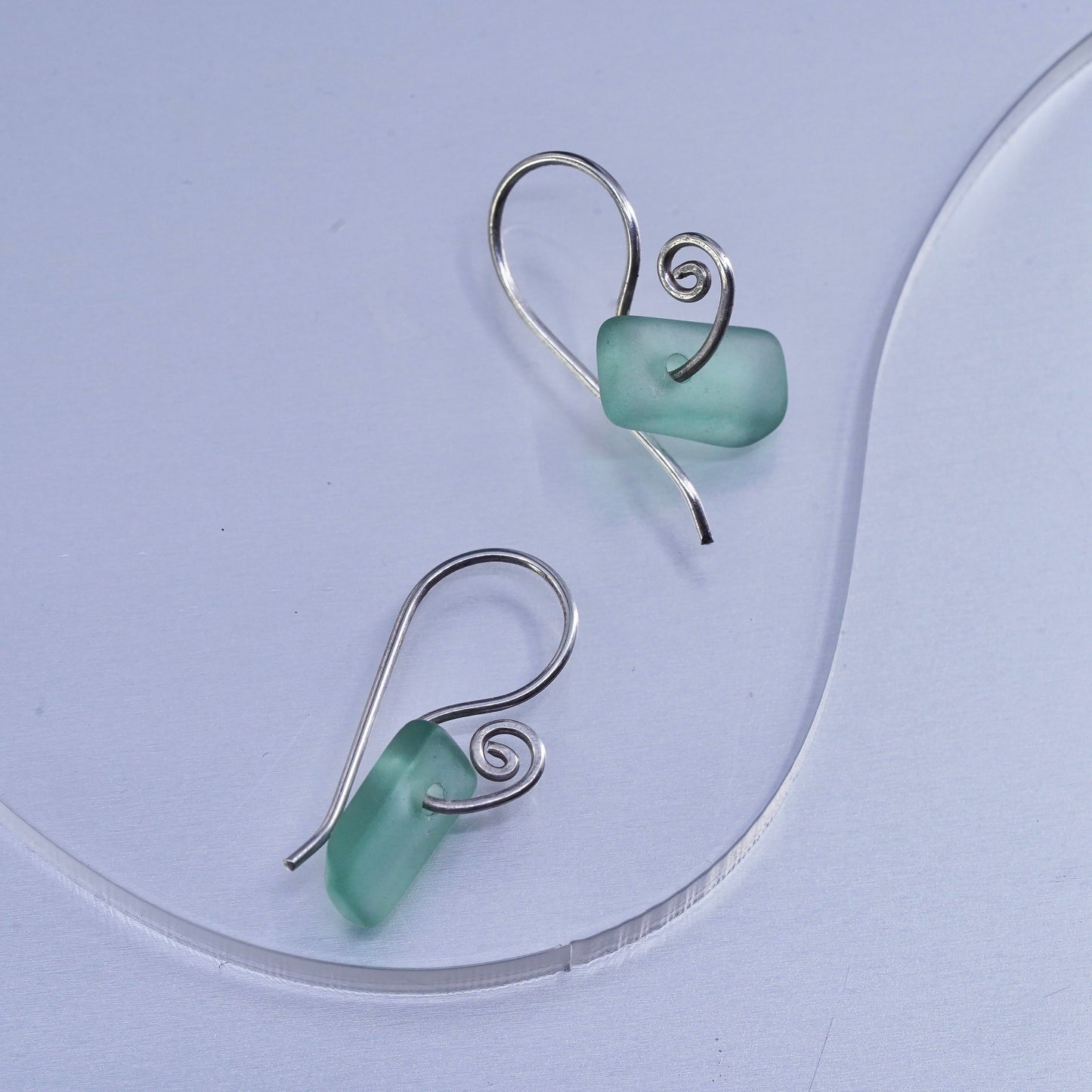 Vintage Sterling 925 silver earrings with green sea washed glass