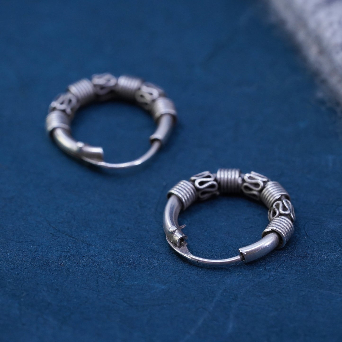 0.75”, vintage Sterling silver handmade earrings, textured 925 hoops, huggie