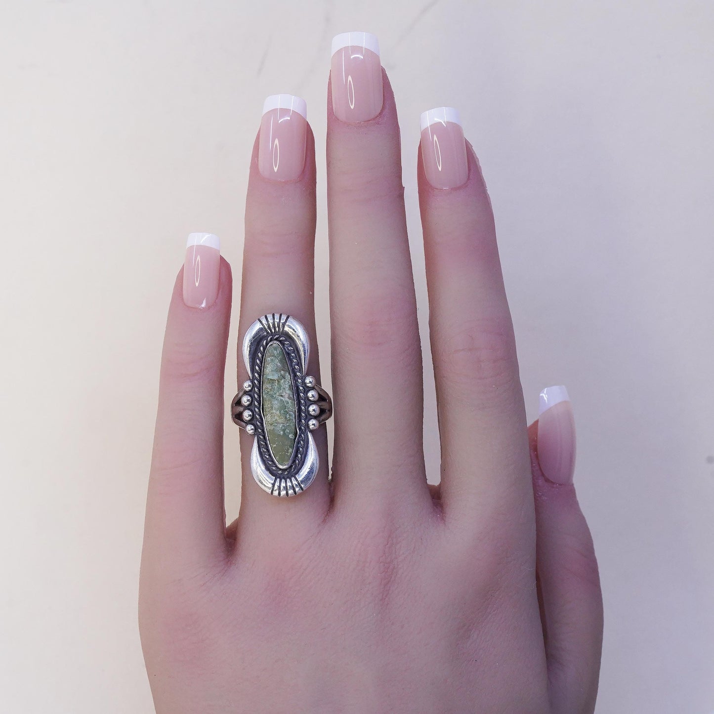 size 6.25, Native American 925 Sterling Silver Long Oval Green Turquoise Ring