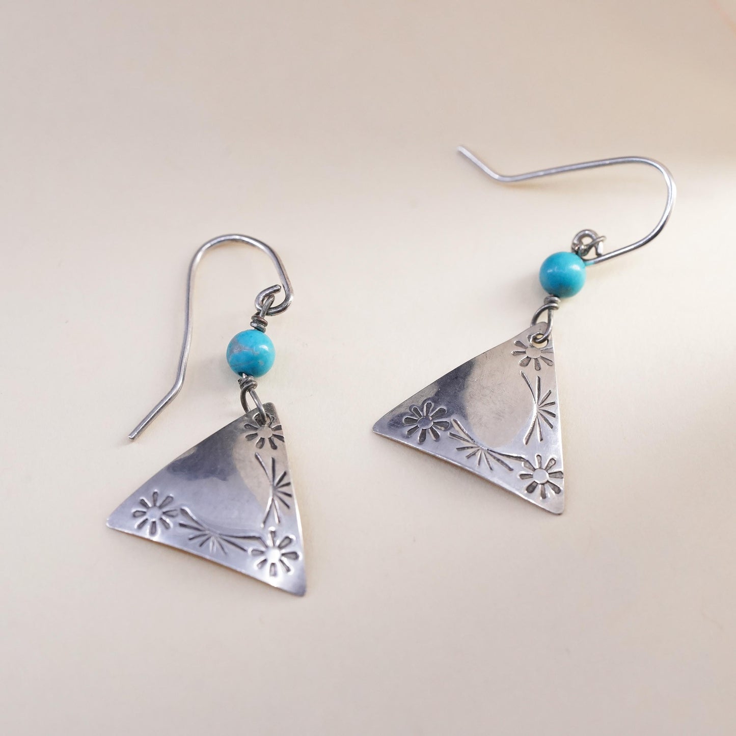 Southwestern sterling silver 925 handmade triangular earrings turquoise beads