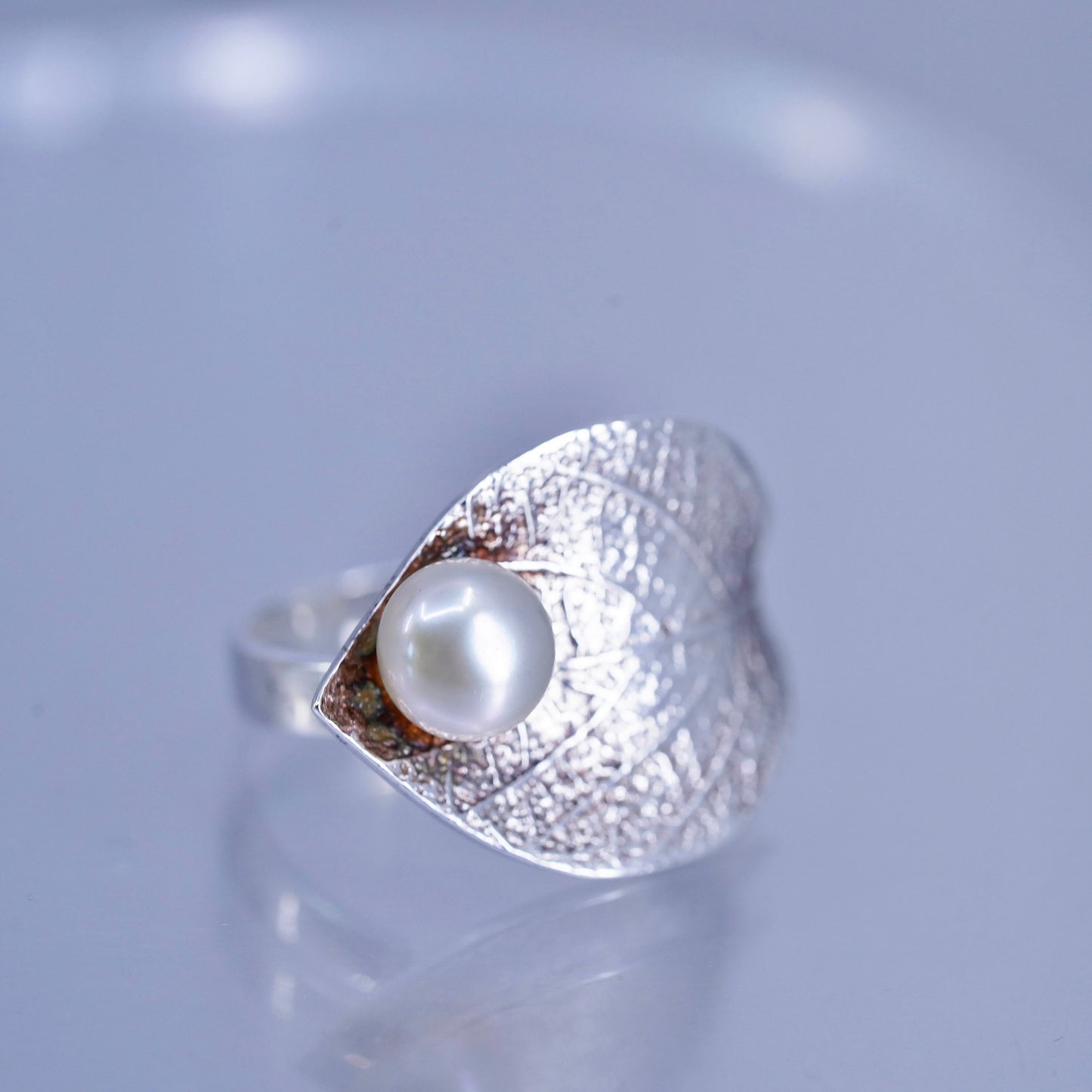 Size adjustable, vintage sterling silver ring, handmade leaf 925 band w/ pearl