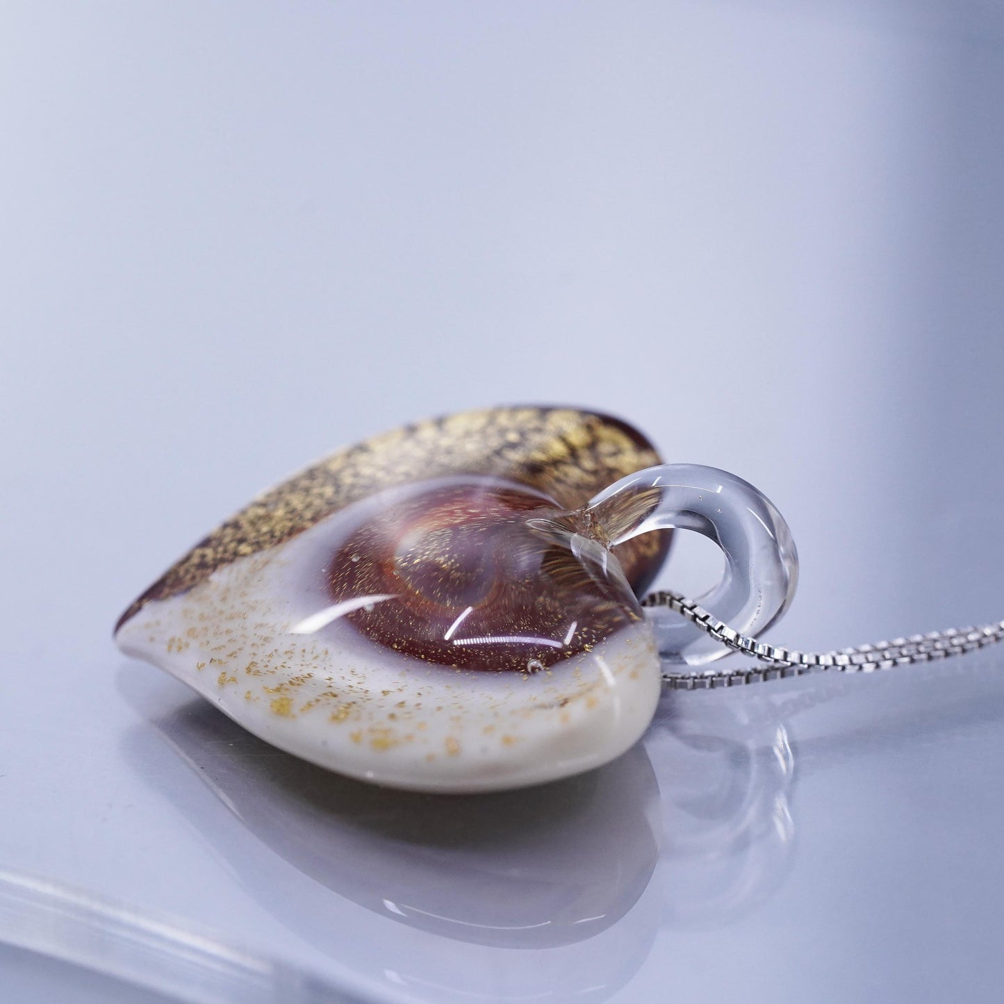 16”, vintage Sterling 925 silver box chain necklace foiled glass heart pendant