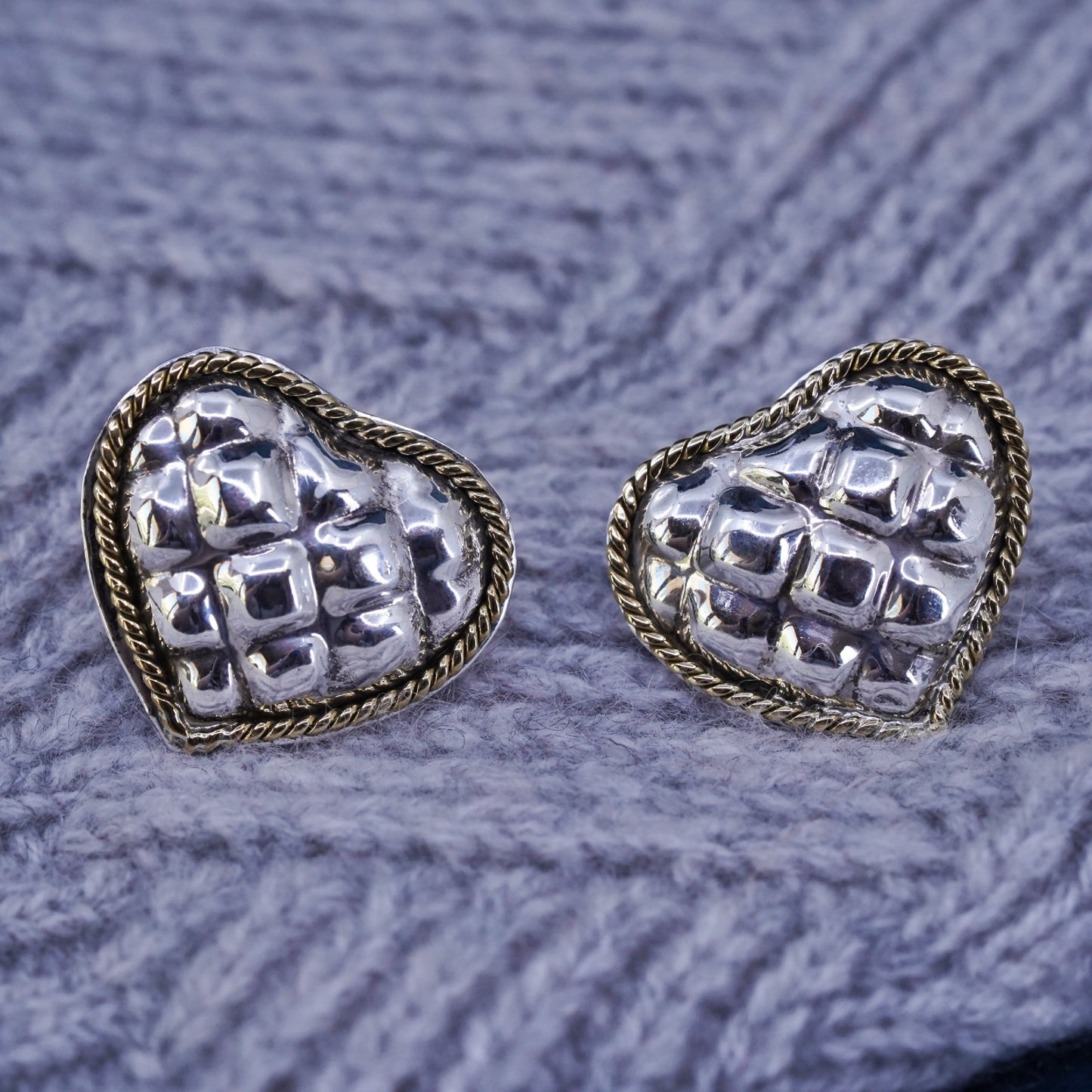 Vintage two tone Sterling silver handmade earrings, puffy 925 heart studs brass