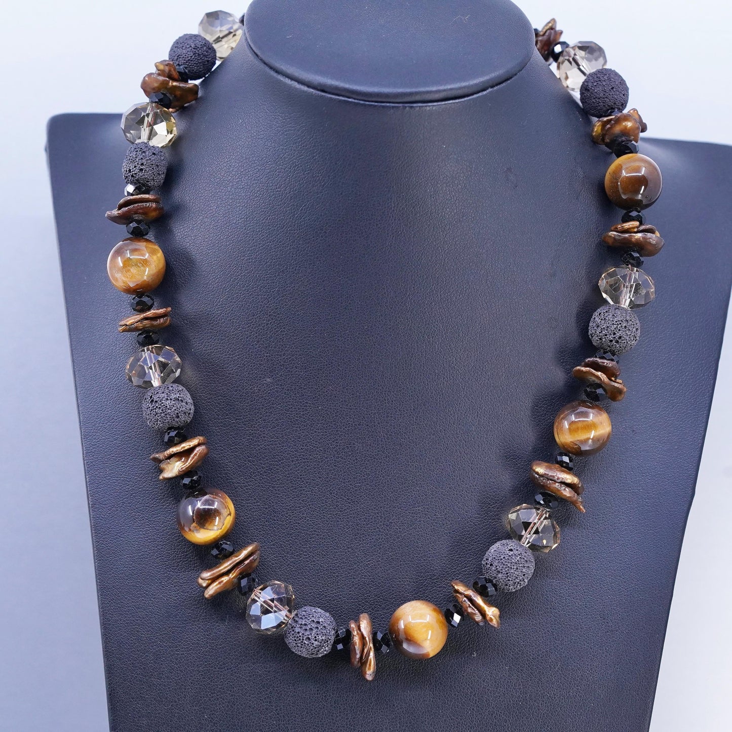 18+1”, Tiger’s Eye, Baroque Pearl sterling silver 925 Necklace Lava Stone Beads