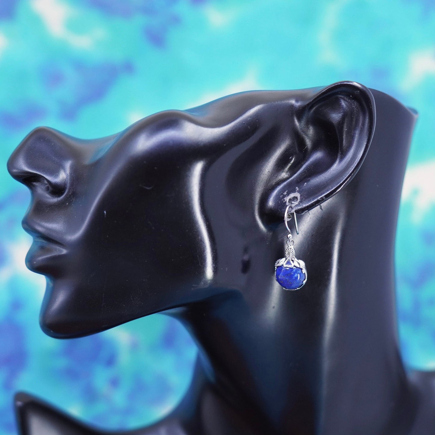 Vintage sterling 925 silver leafy earrings with lapis lazuli bead