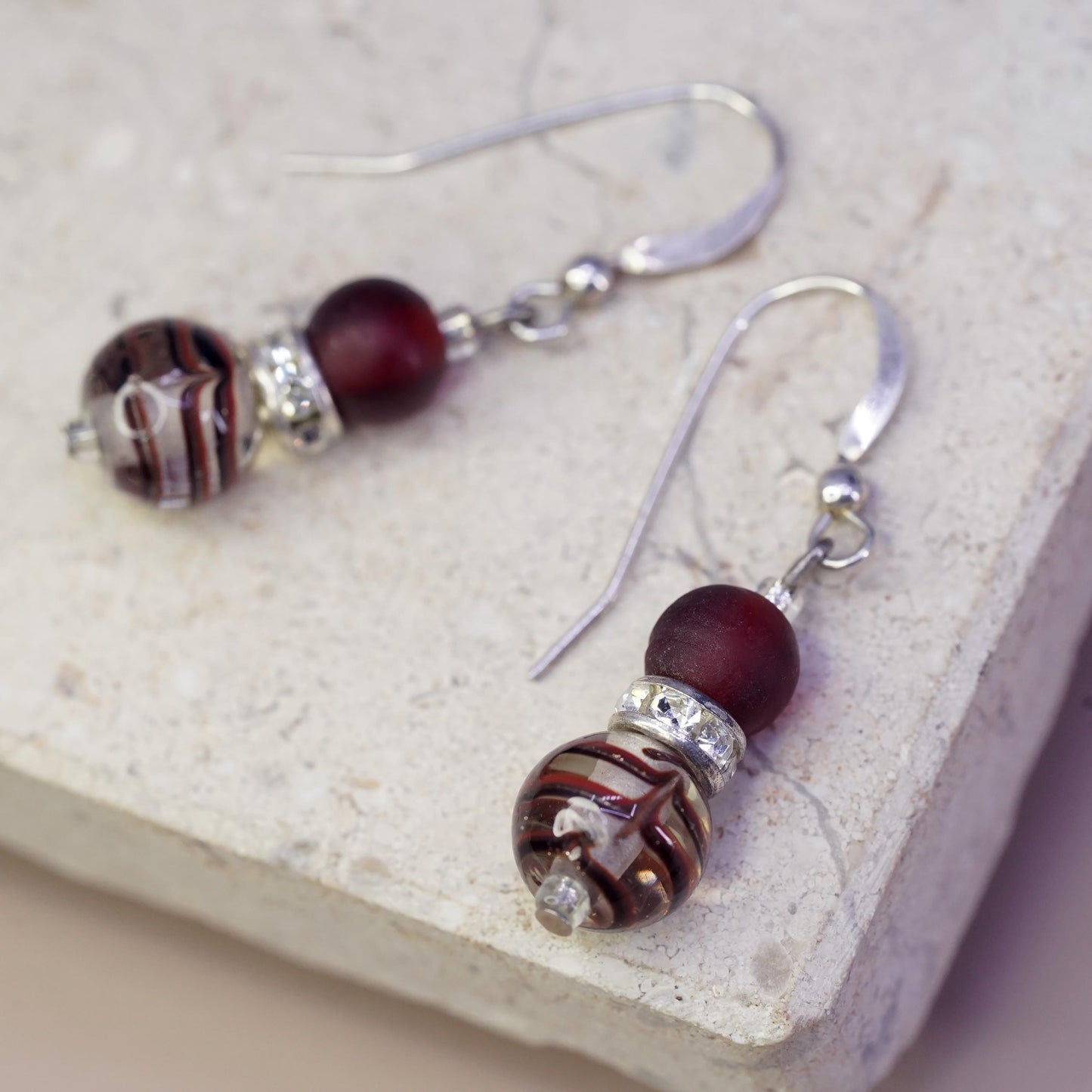 Vintage sterling silver handmade earrings, 925 hooks with red glass bead