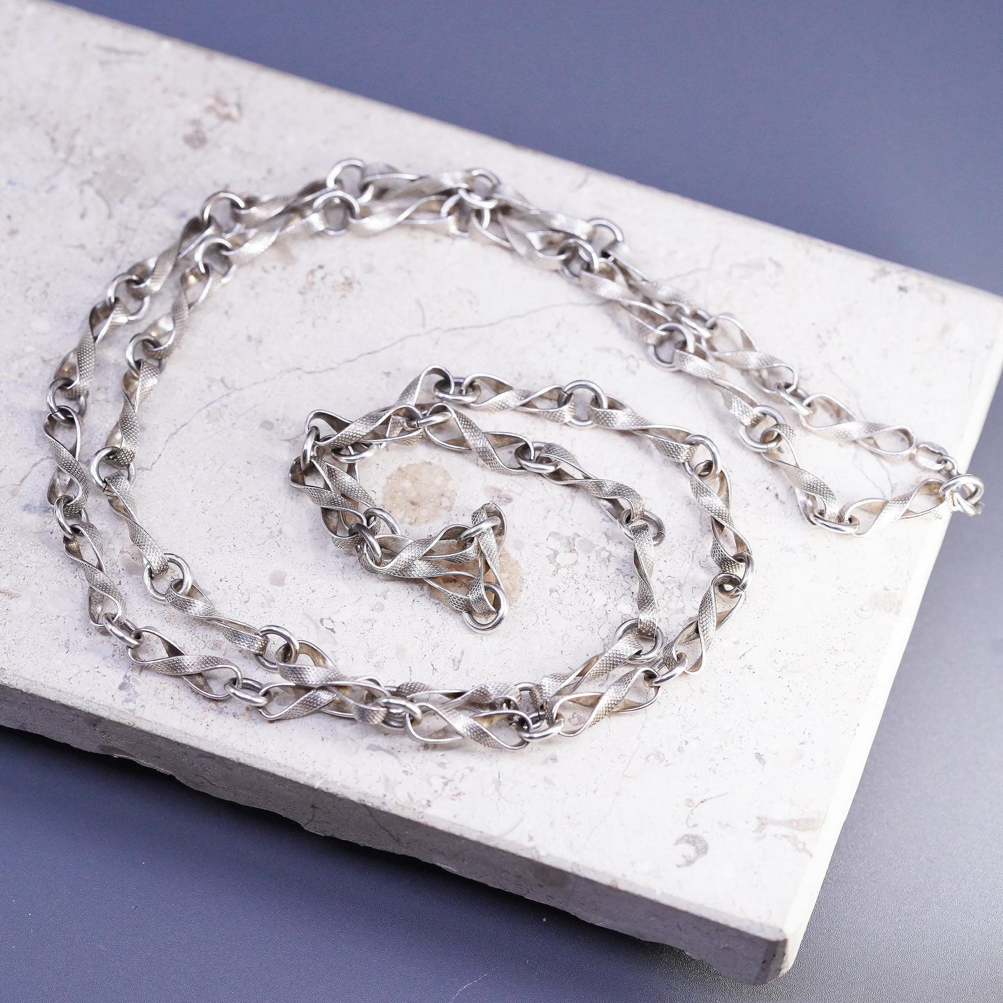 30" Sterling Silver Infinity Chain Necklace, 925 Textured Twisted Fancy Links