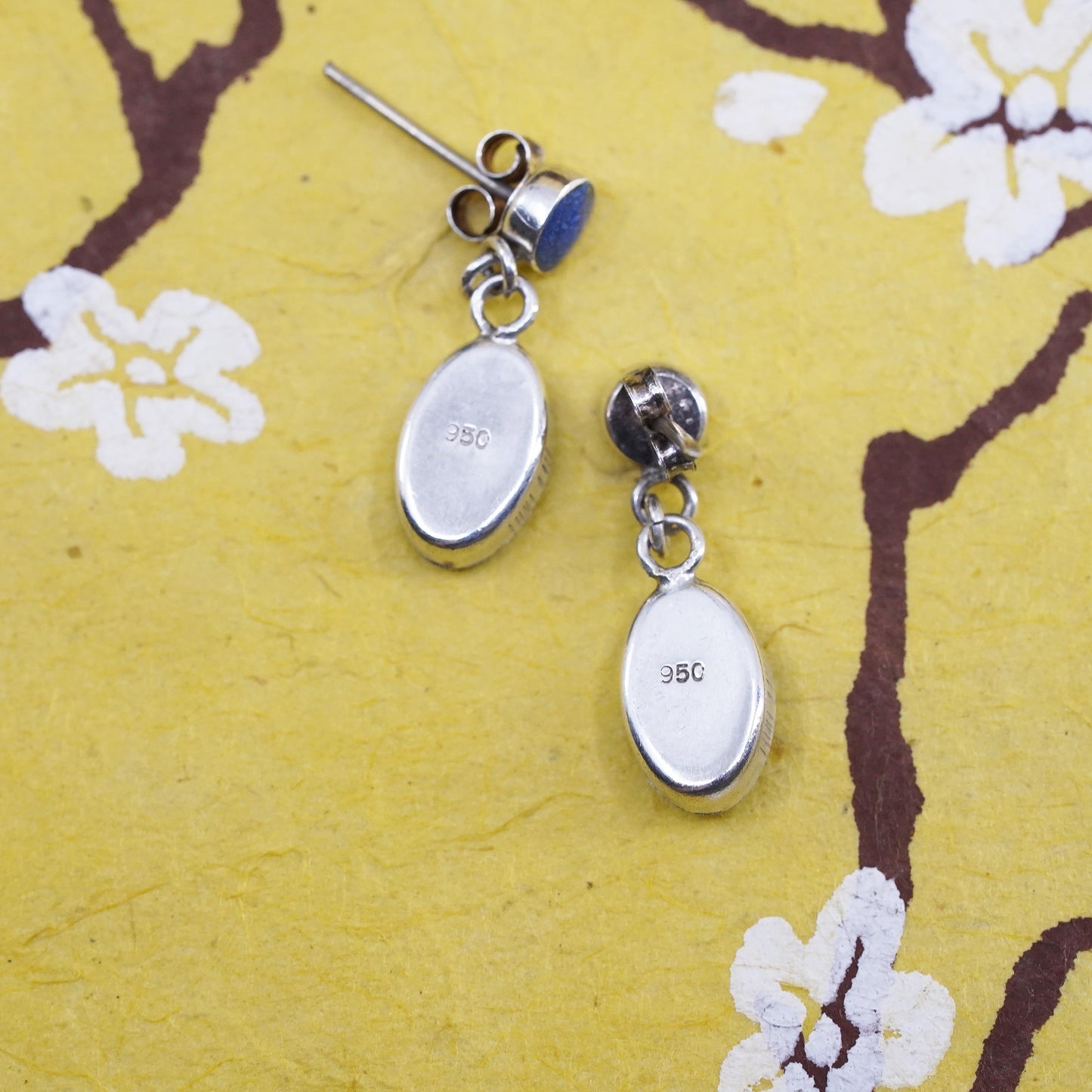 vintage Peruvian Sterling silver handmade earrings, 950 lapis lazuli dangles