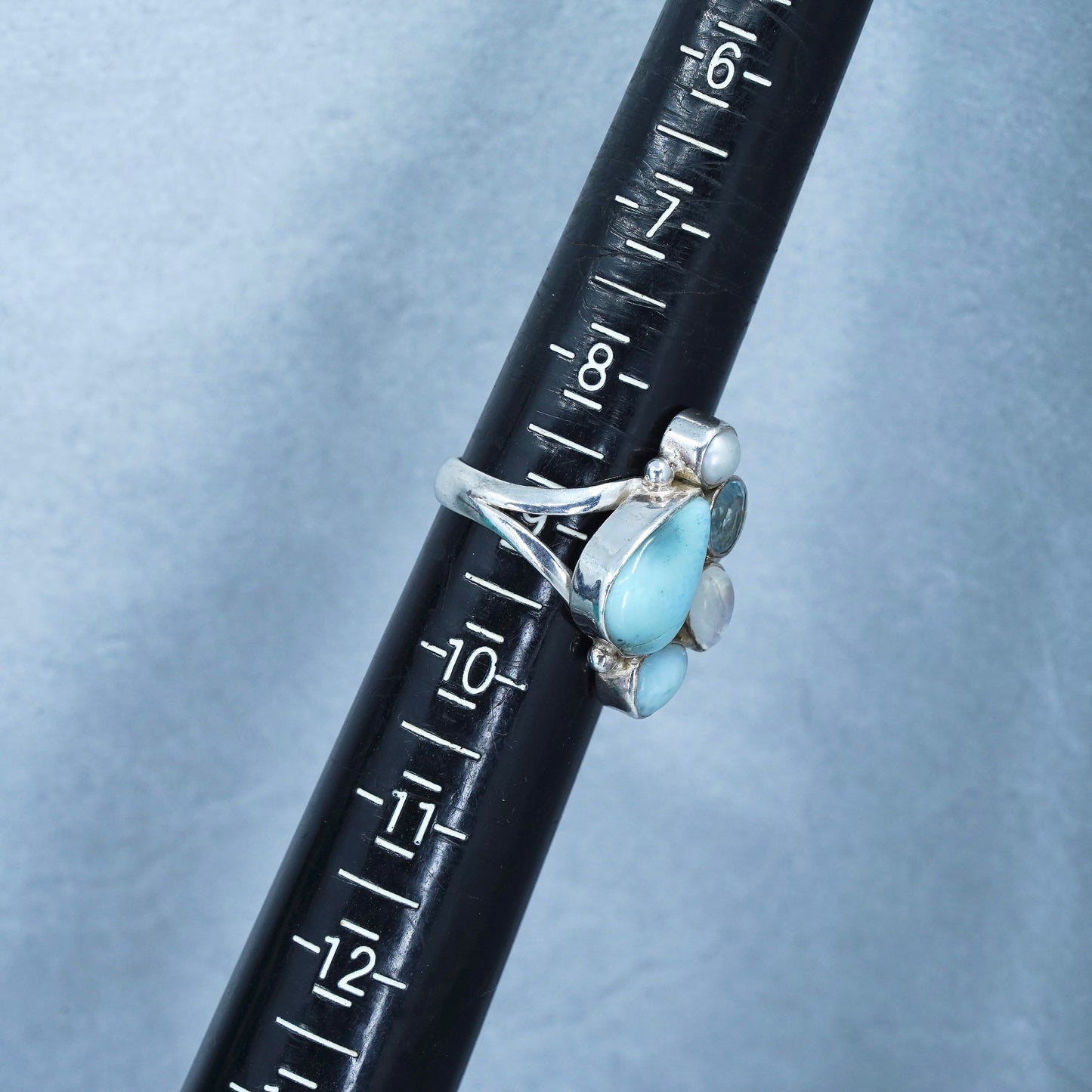 Size 8.75, vintage Sterling 925 silver ring with Larimar, moonstone and pearl