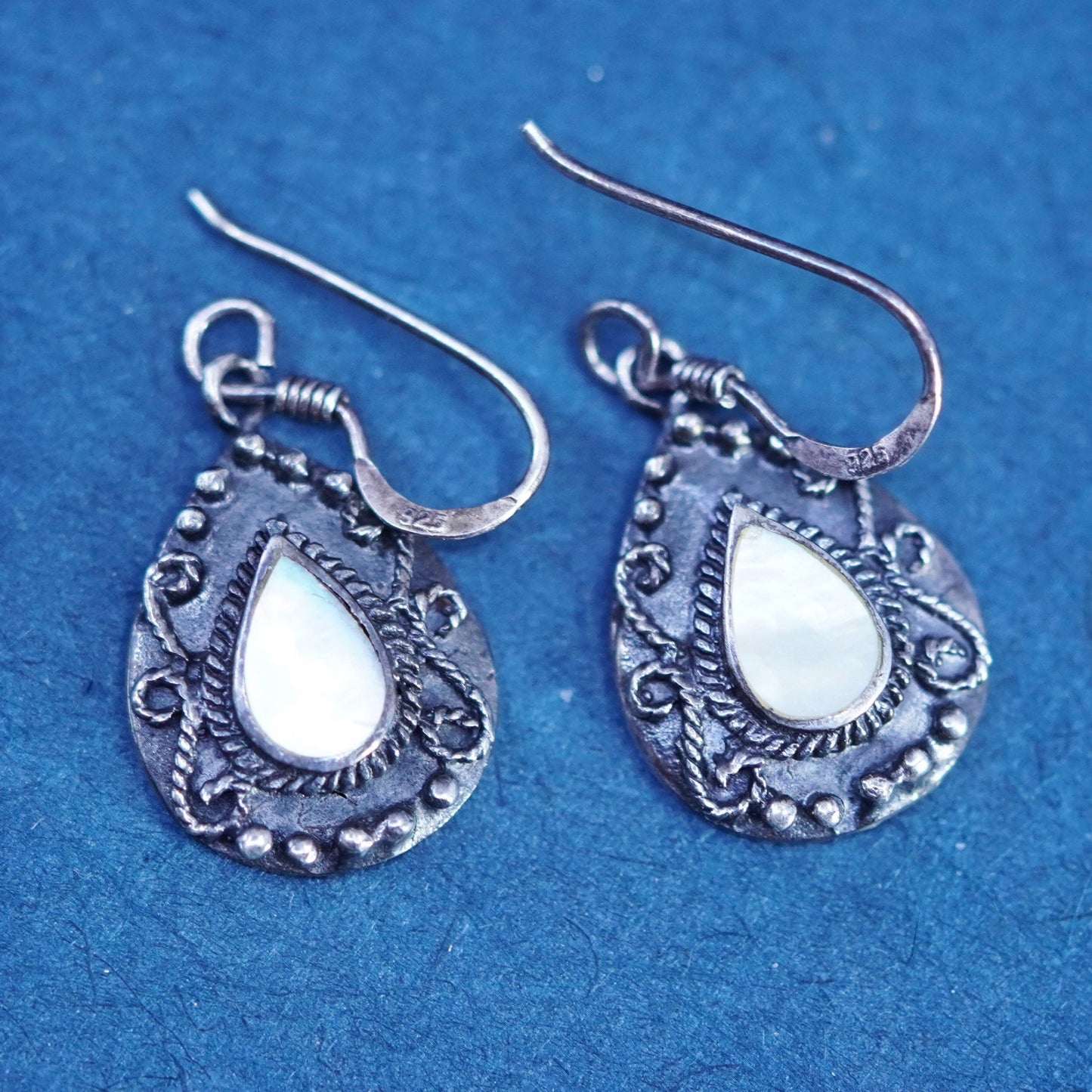 Sterling 925 silver handmade teardrop earrings with mother of pearl and beads