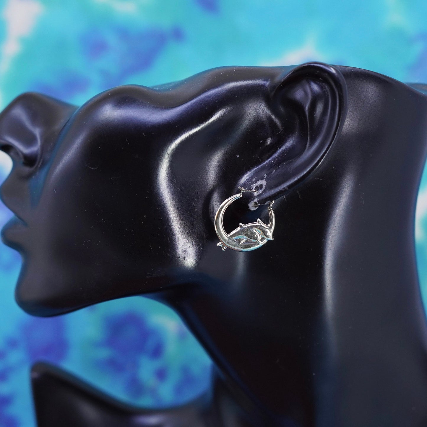 vintage 14K yellow gold with 925 sterling silver earrings, couple dolphin hoops