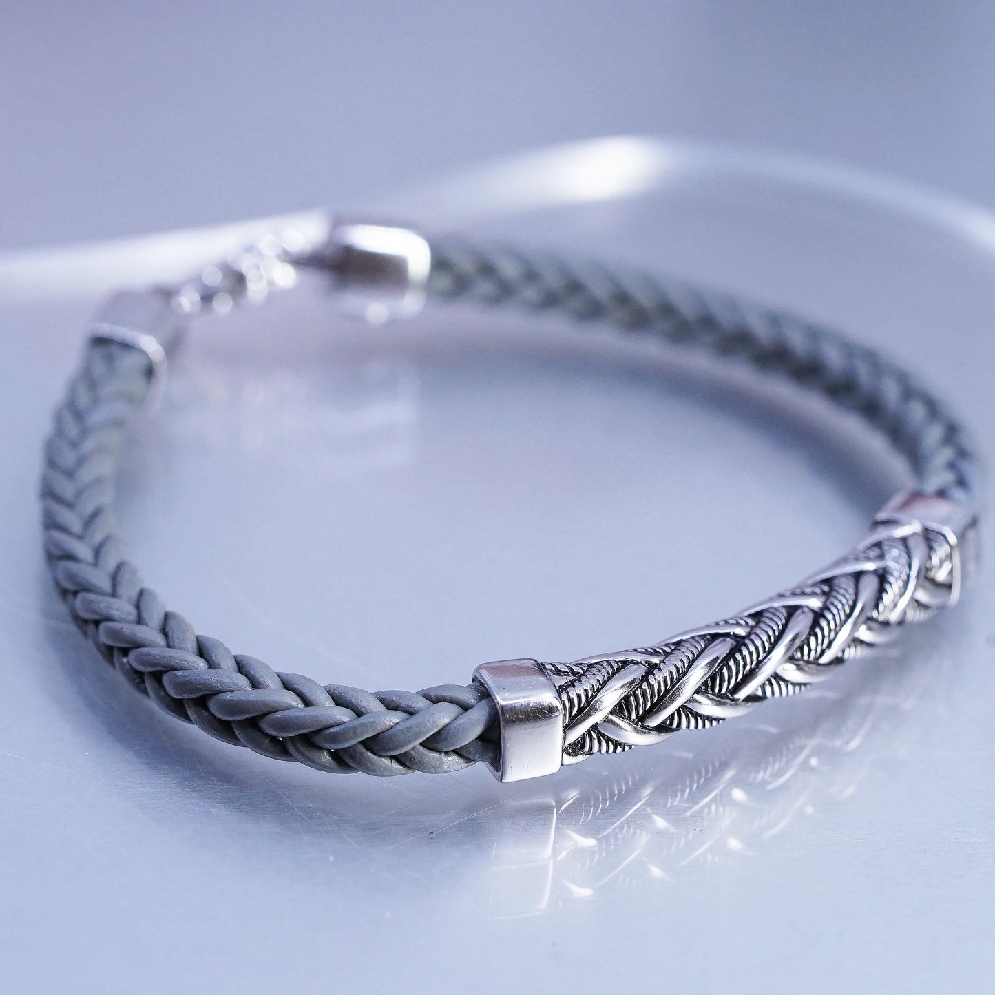 7.5", EFFY Men's Woven Gray Leather Bracelet with Sterling Silver 925 Cable bar