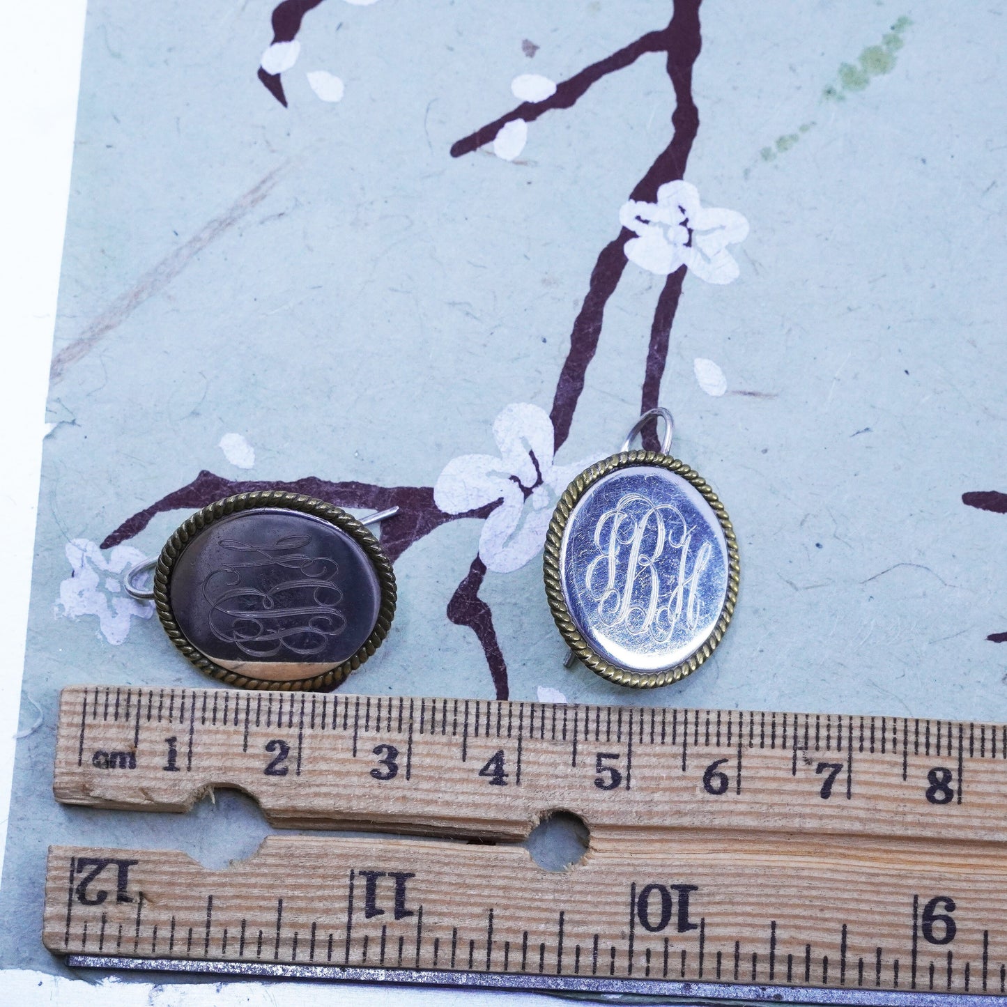 two tone mexico sterling silver earrings, 925 disc brass cable engravers “GBH”