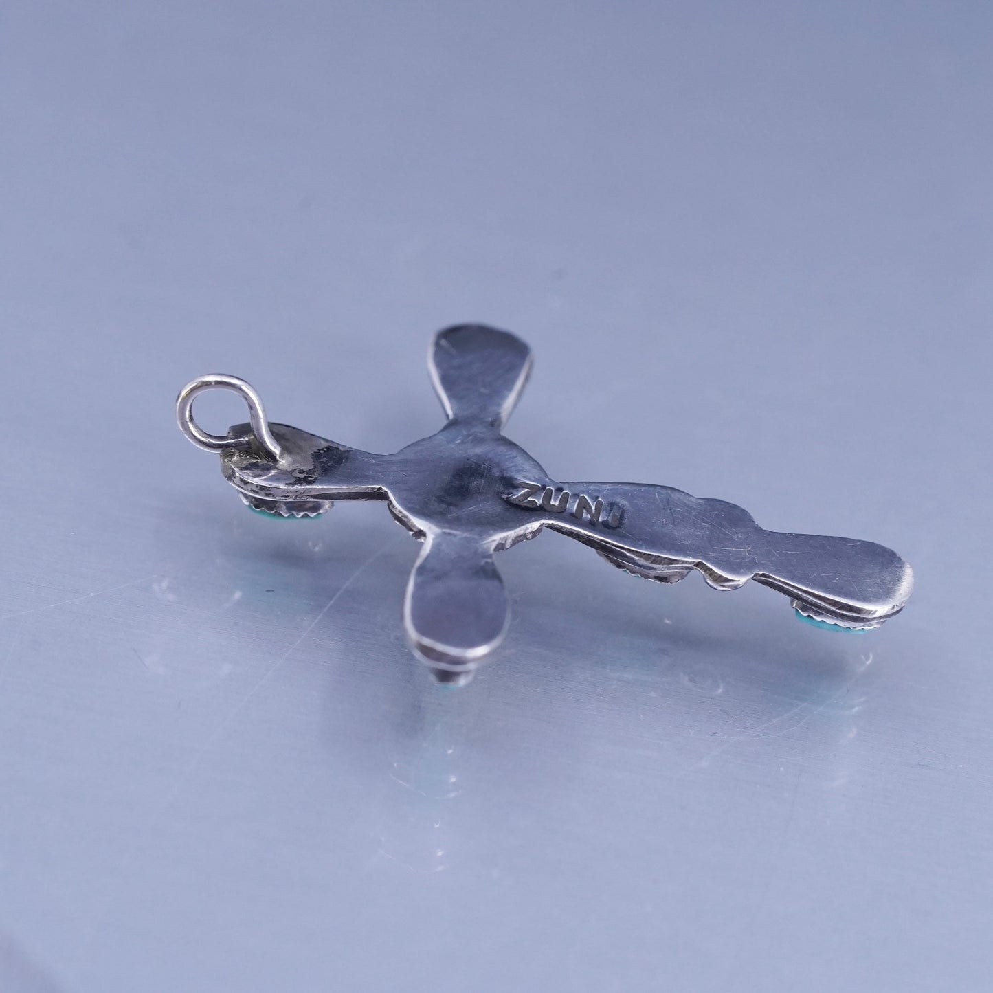 Native American Zuni sterling 925 silver cross pendant with turquoise