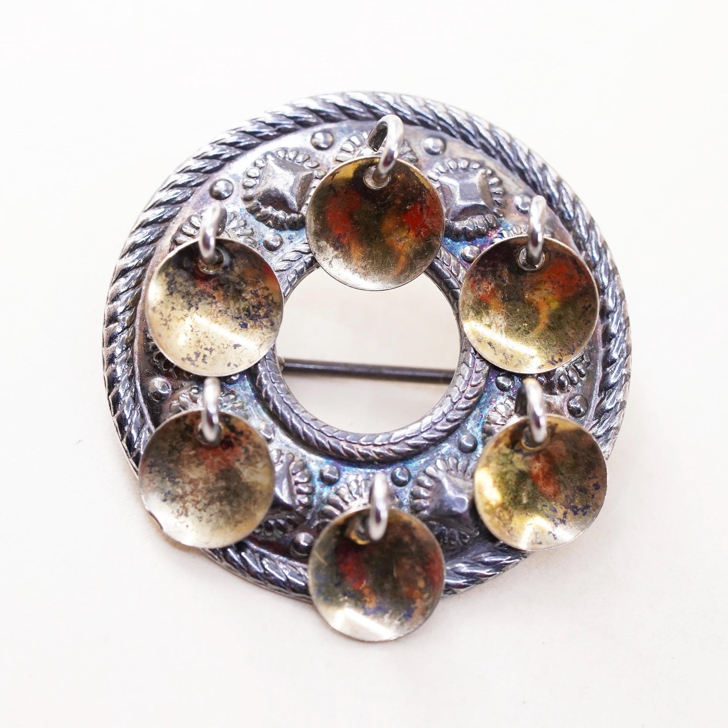 Norway Sterling Silver Brooch 925, Nordic Folk Pin with Discs, Tribal Jewelry