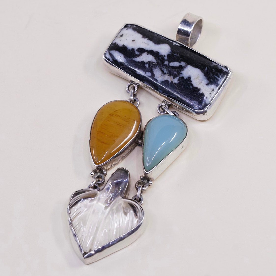 VTG sterling silver handmade pendant, 925 w/ marble, carnelian, jade n crystal