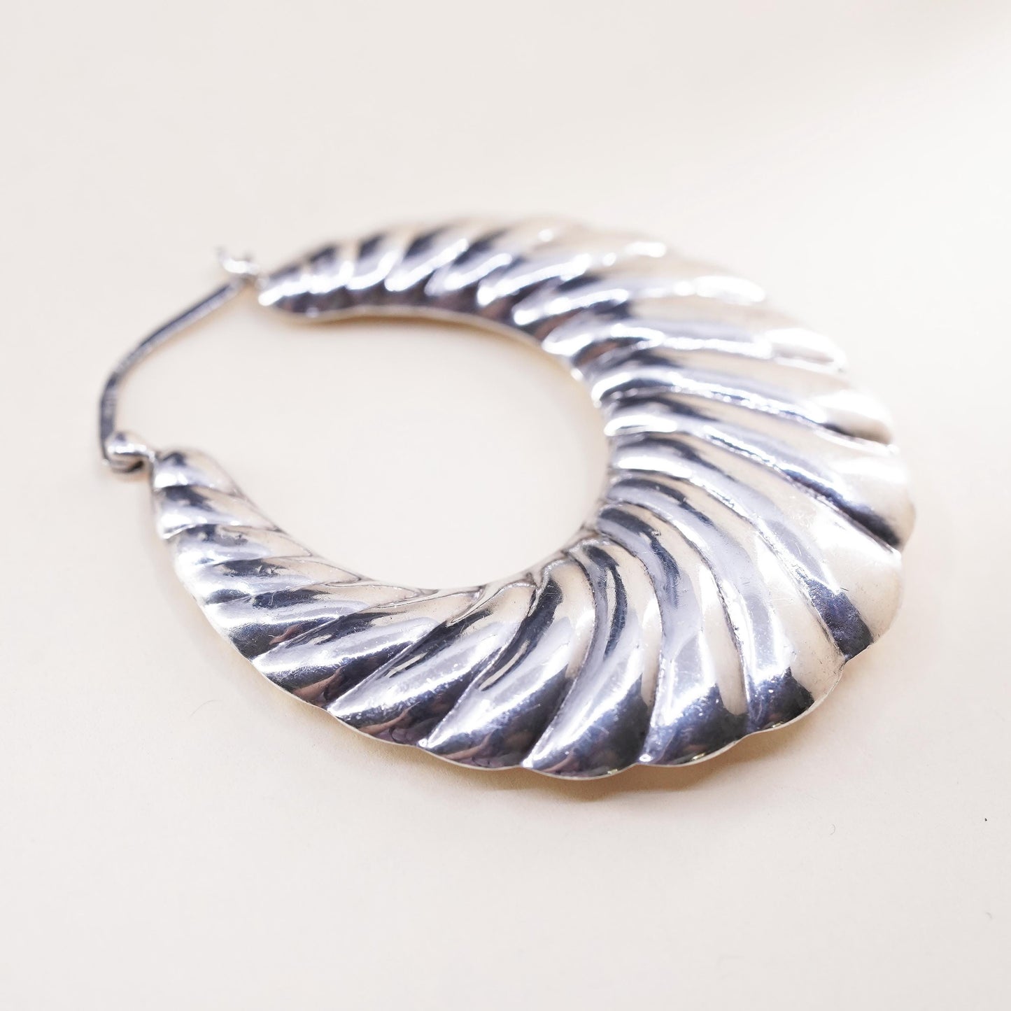 1.75", Vintage sterling silver loop single earring, ribbed primitive hoop
