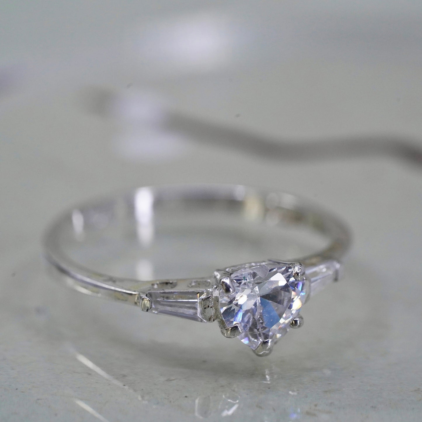 Size 9.25, Vintage sterling silver handmade ring, engagement ring with heart cz