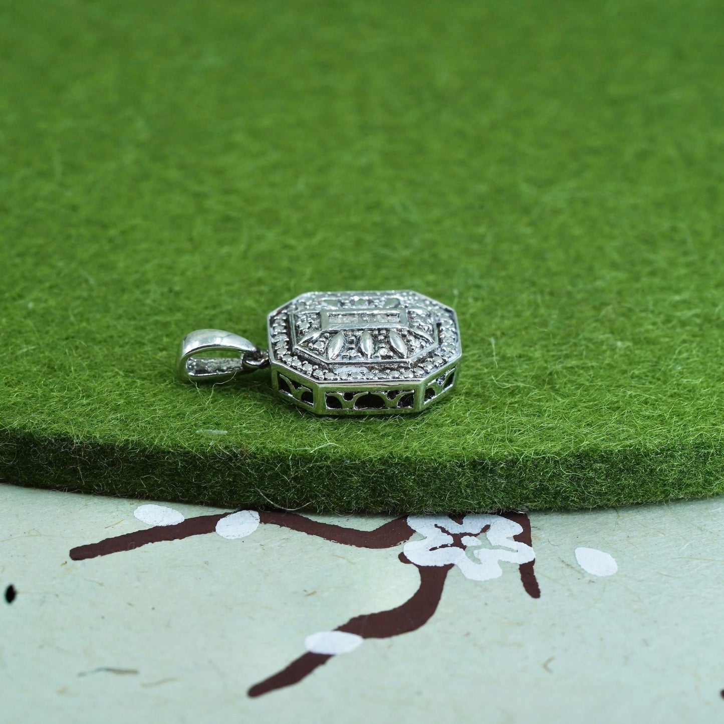 vintage Sterling silver Pendant, 925 rectangular with real diamond
