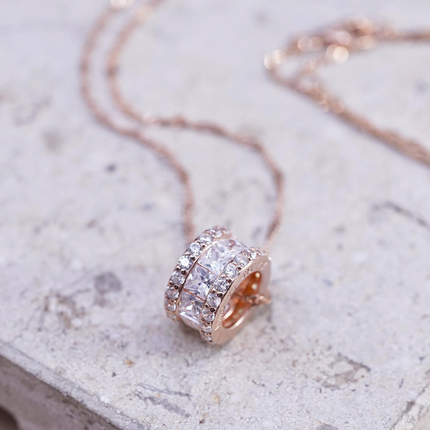 17+2", Rose gold Sterling silver necklace, 925 twisted chain cz wheel pendant