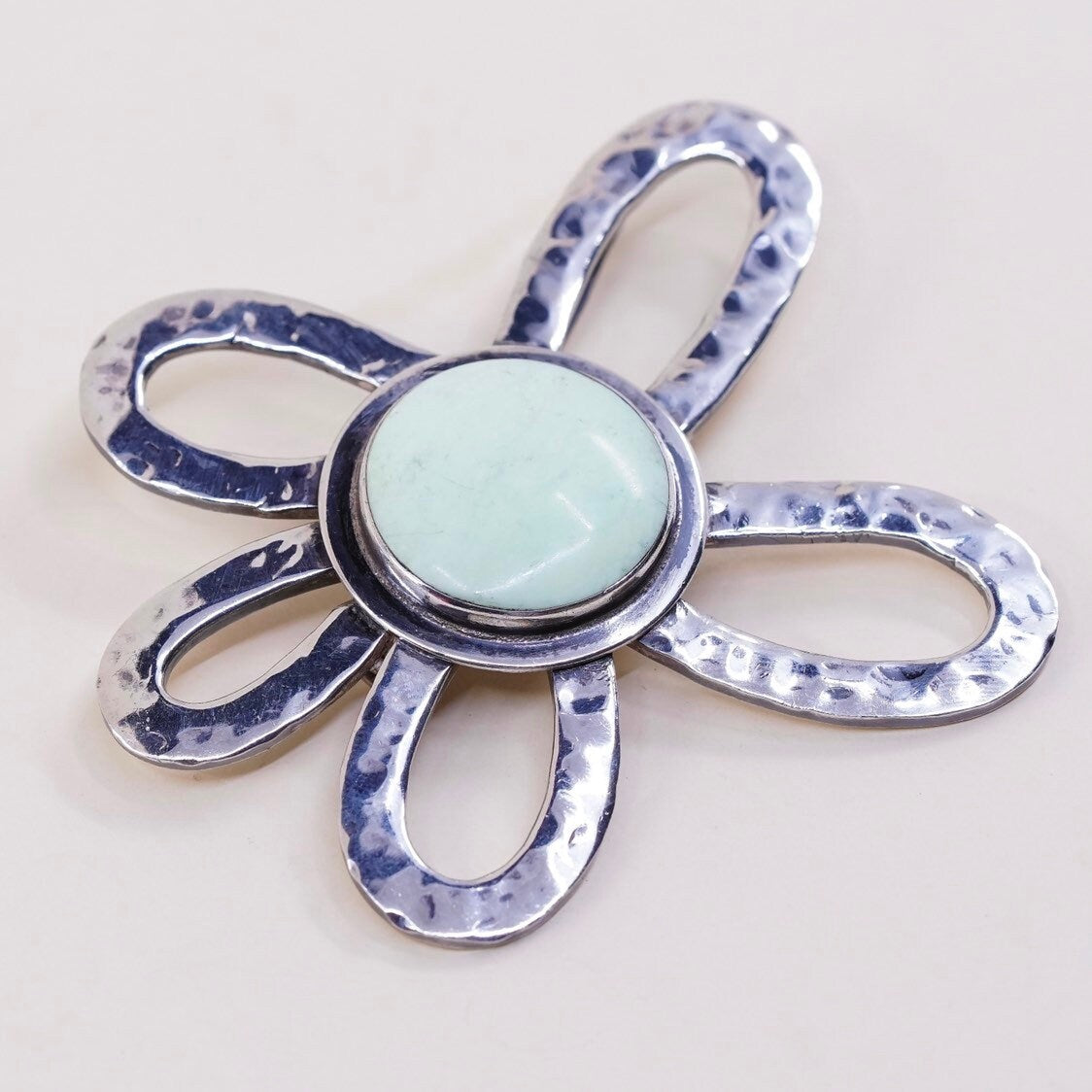 Vintage sterling silver handmade brooch, hammered 925 silver flower with Jade, silver tested