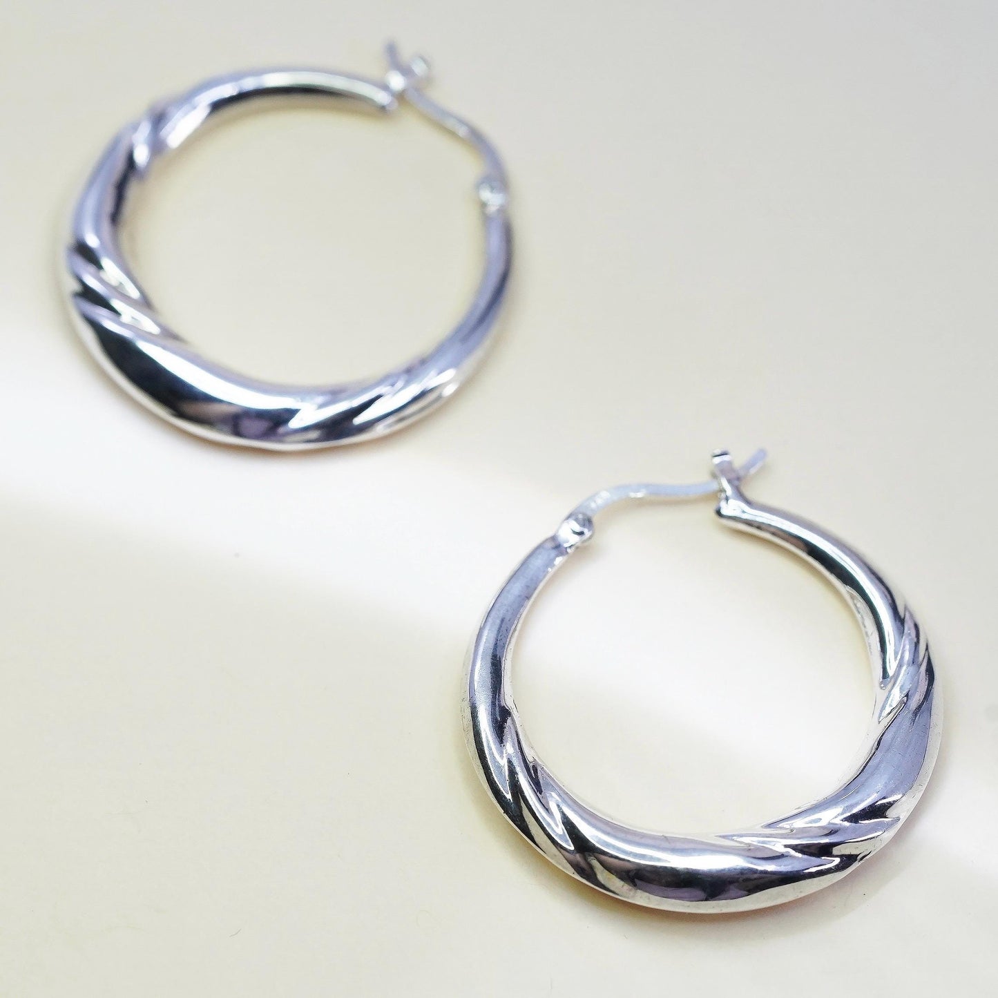 1.25", Vintage 925 sterling silver loop earrings, ribbed primitive hoops