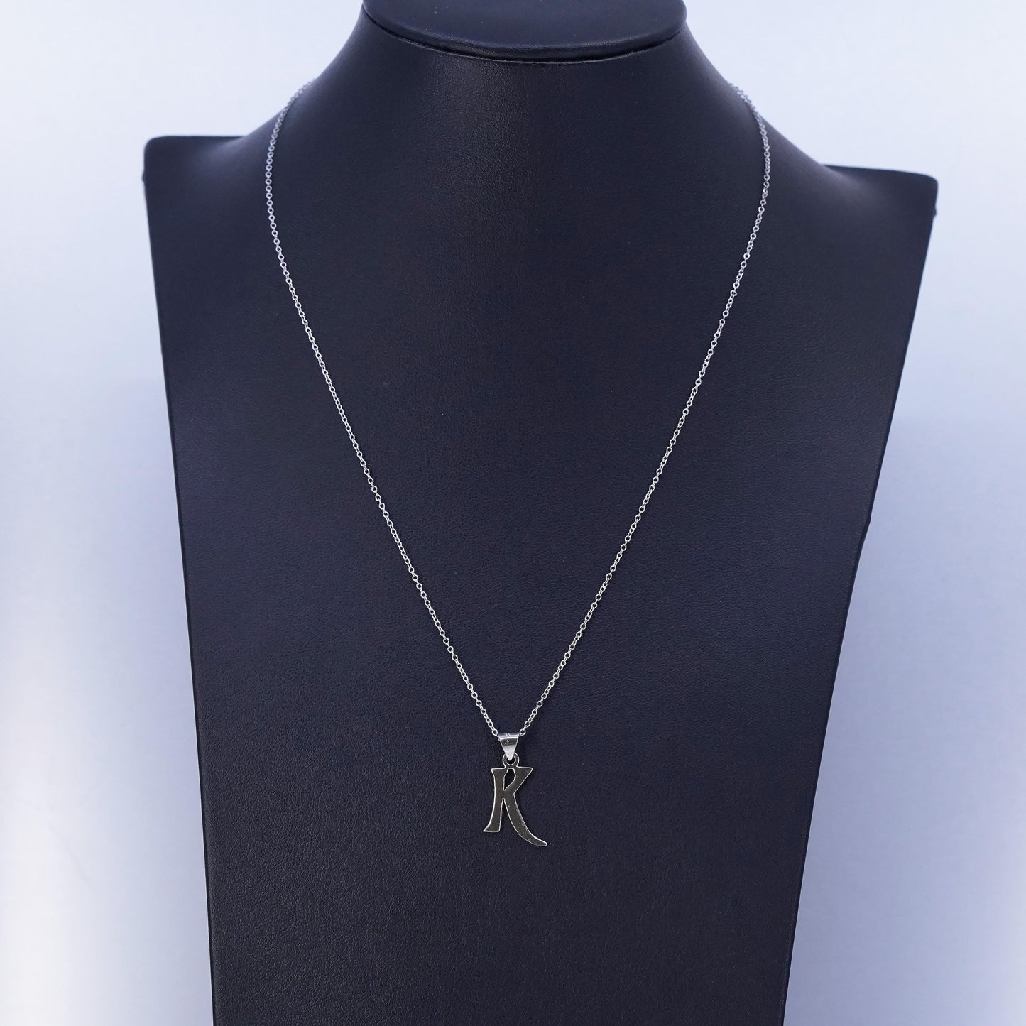 18”, vintage Sterling silver necklace, 925 circle chain with letter K pendant