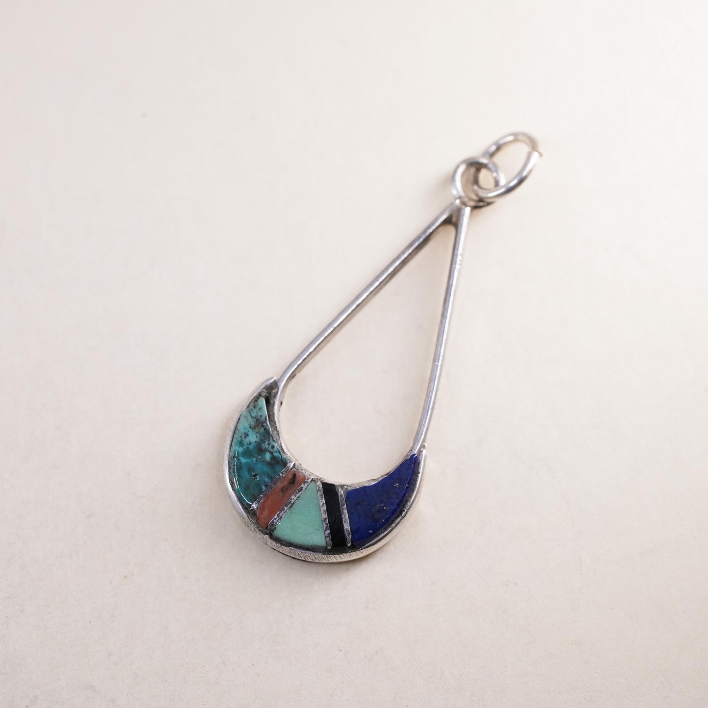 Vintage Zuni sterling 925 silver pendant, Native American teardrop turquoise