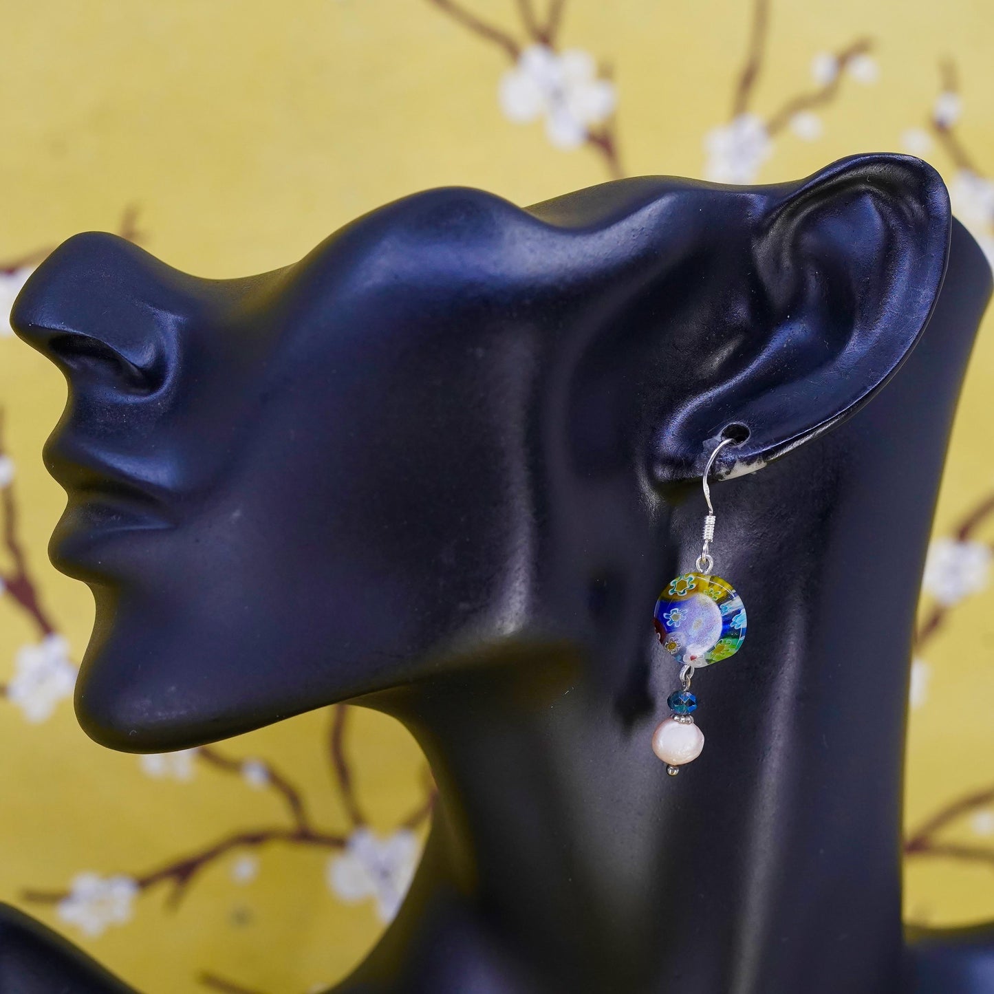 Vintage Italian sterling silver 925 handmade murano glass circle earrings pearl