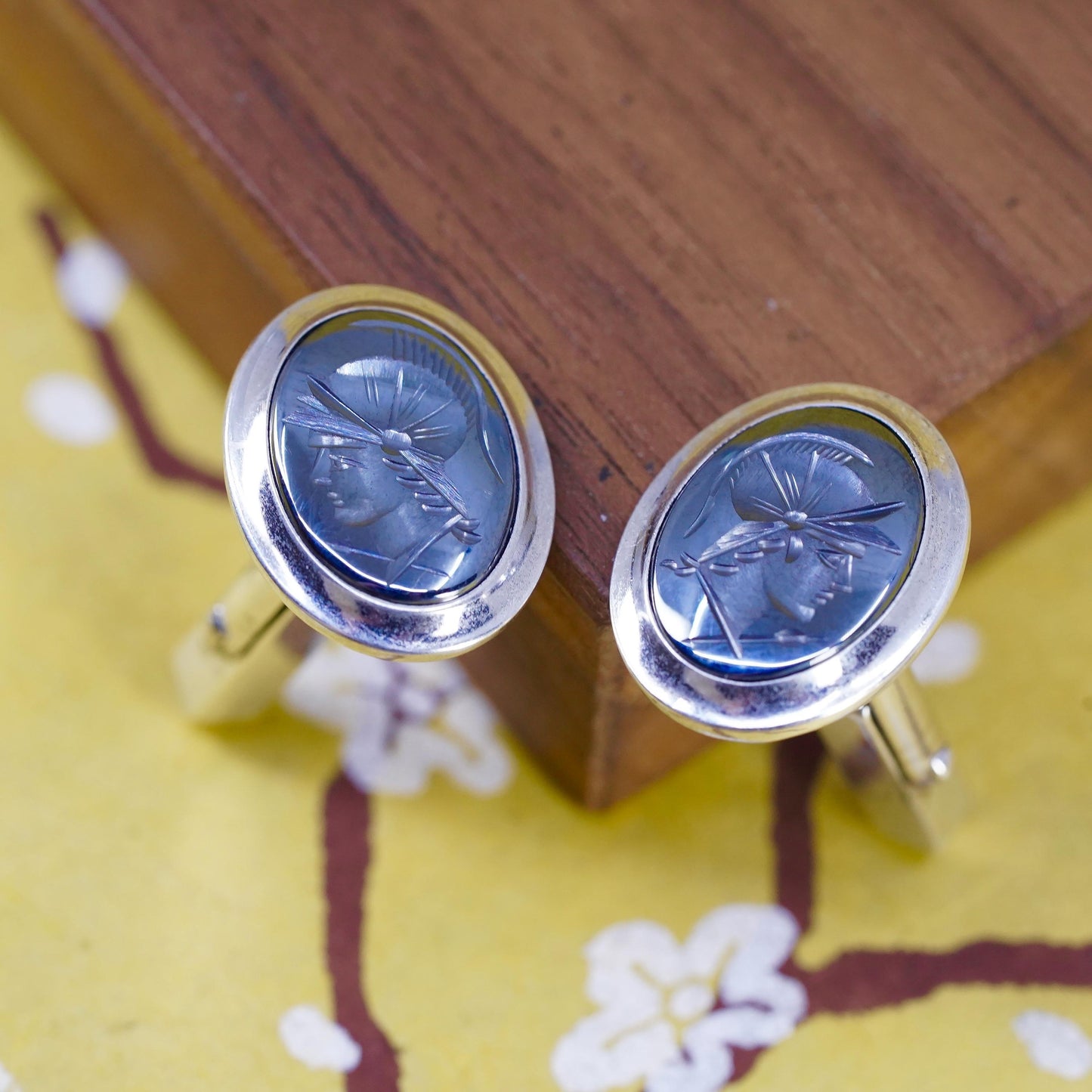 VTG Sterling 925 silver handmade hematite warrior Intaglio cufflinks cuff links