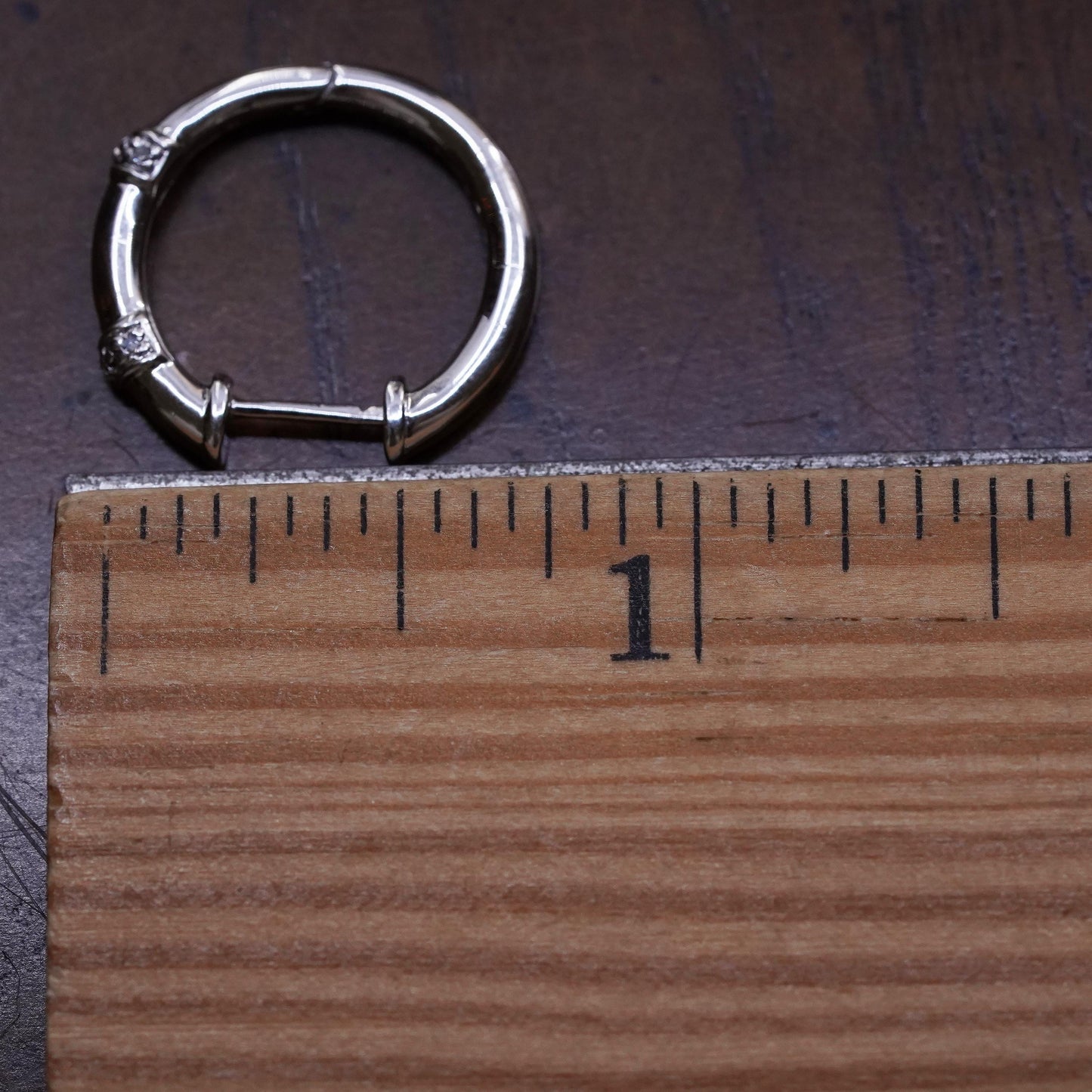 0.75", Vintage sterling silver loop single earring, bamboo hoop with diamonds