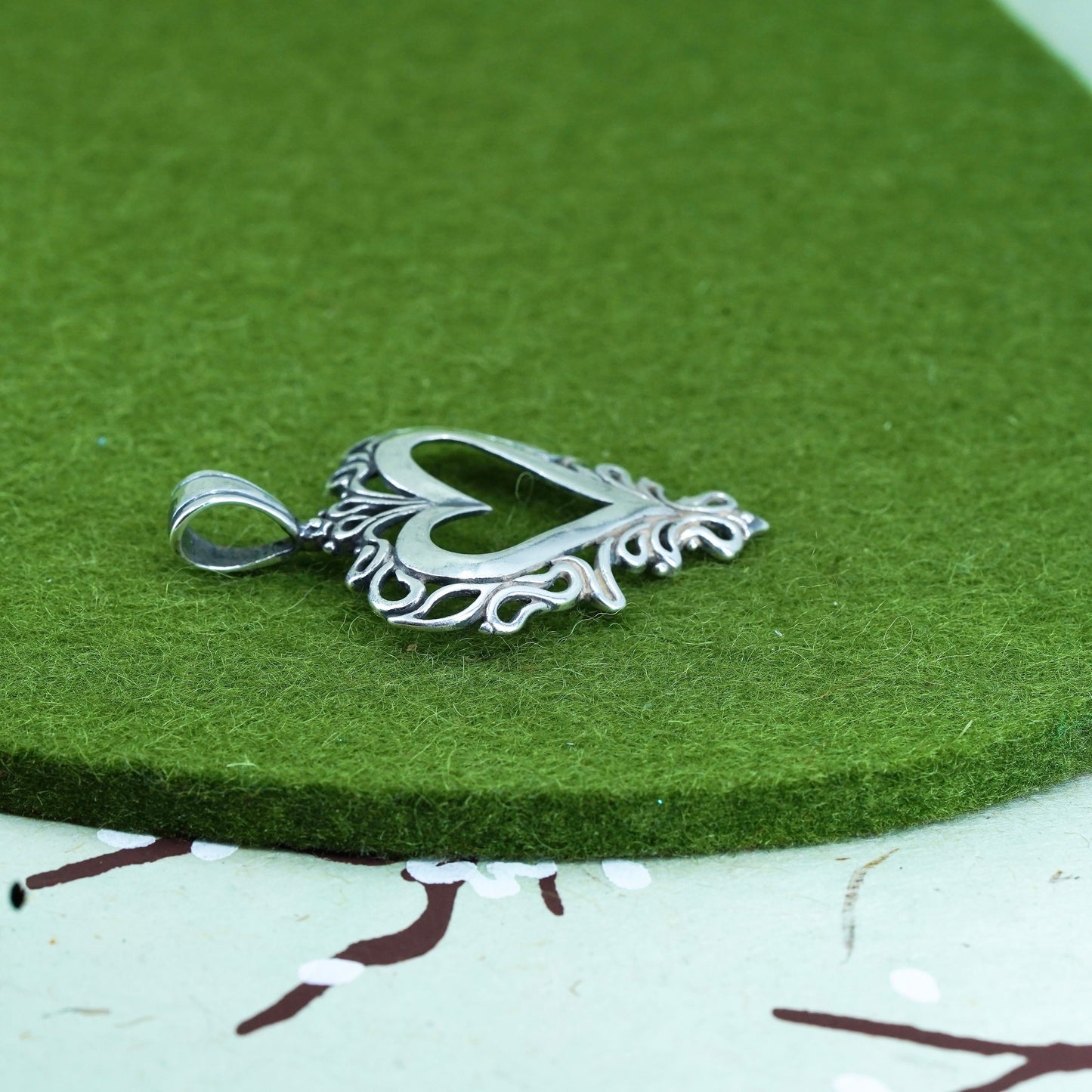 vintage sterling silver handmade pendant, 925 filigree heart charm