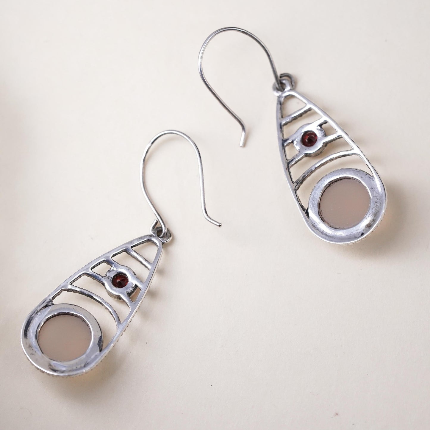 Vintage Sterling 925 silver handmade earrings with pink quartz and garnet