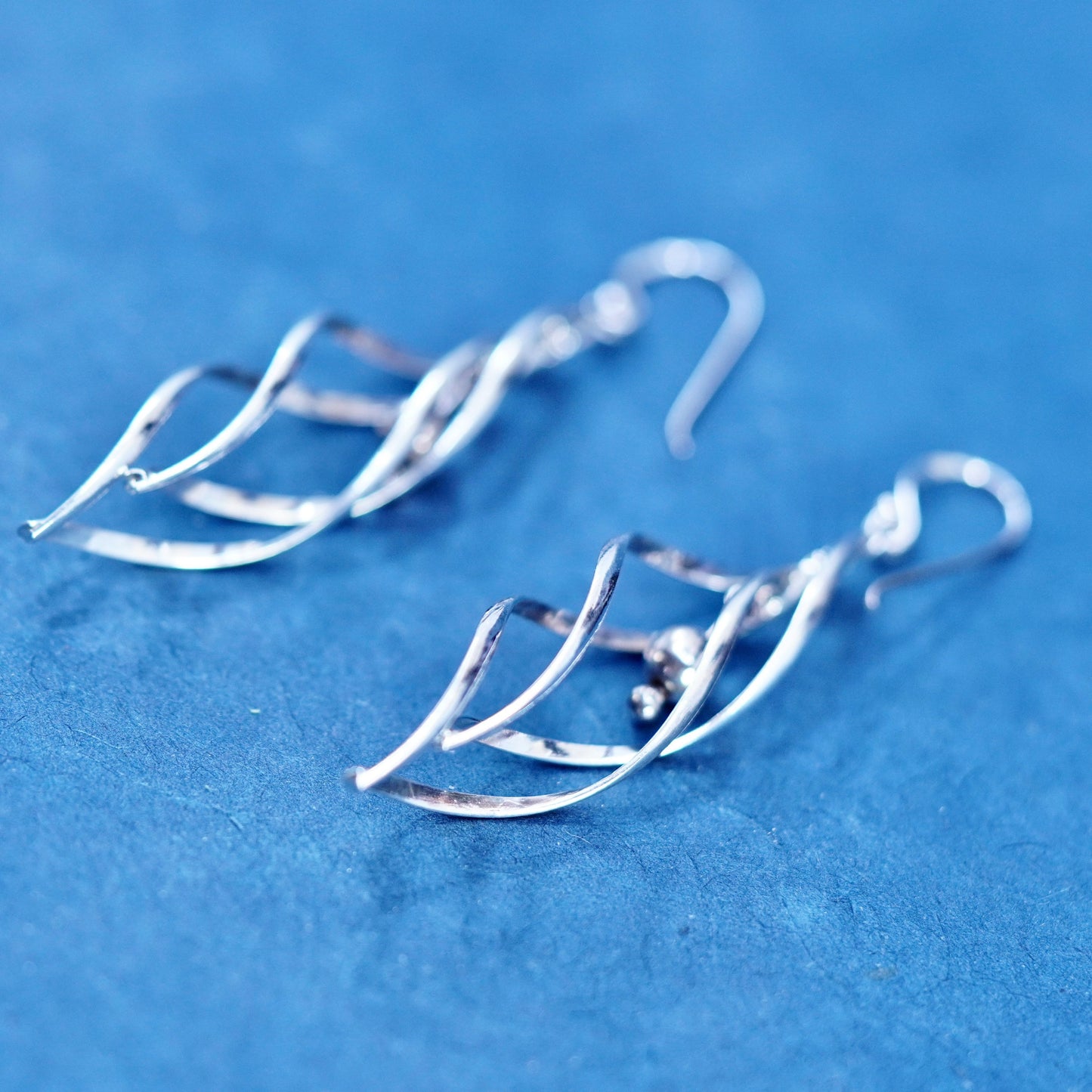 Vintage sterling silver handmade earrings, 925 twisted hoops with beads
