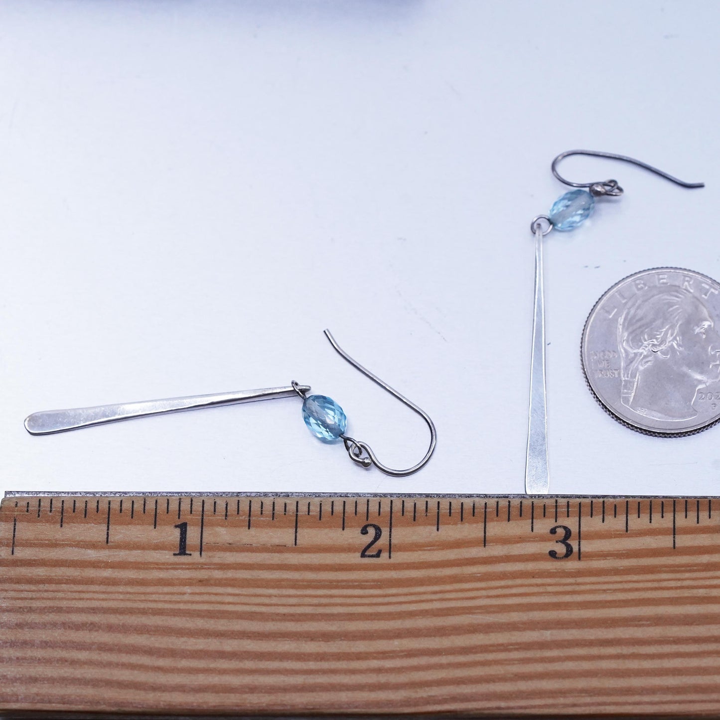 Vintage Sterling 925 silver handmade long dangle earrings with blue crystal