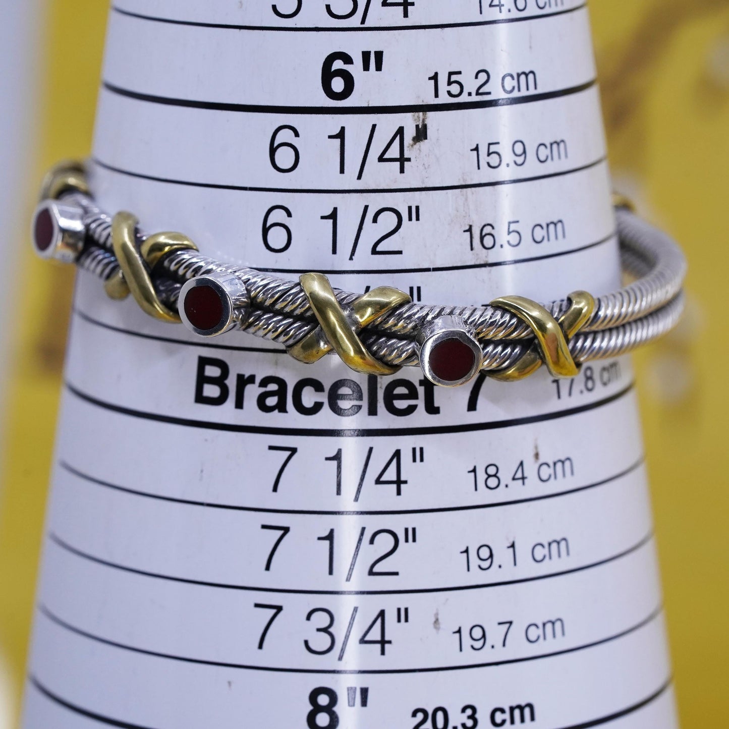 6.75", Mexican sterling silver bracelet, 925 cable cuff brass cross red onyx