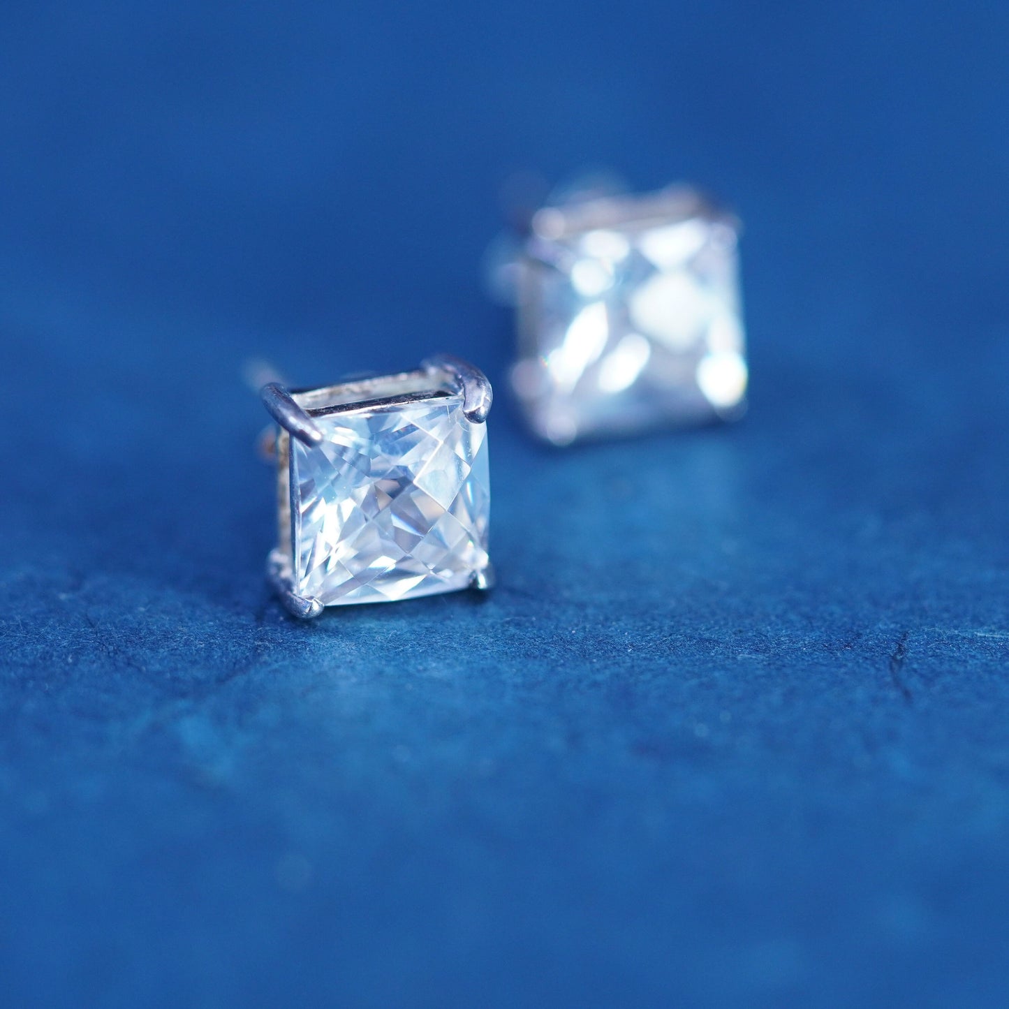 9mm, Vintage sterling silver handmade earrings, 925 rectangular studs with CZ
