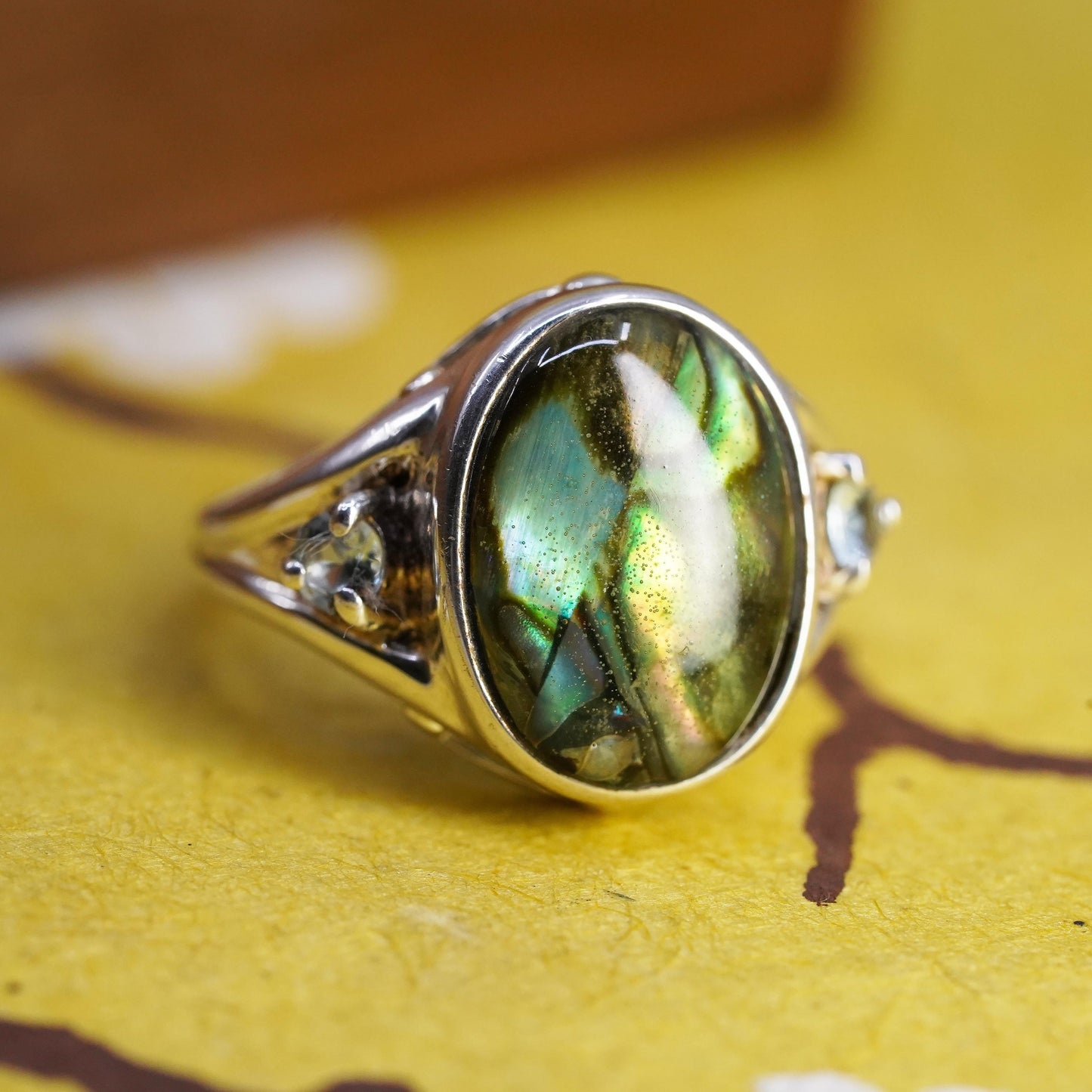 Size 5.25, Vintage RJ sterling silver handmade ring, 925 band w/ abalone inlay